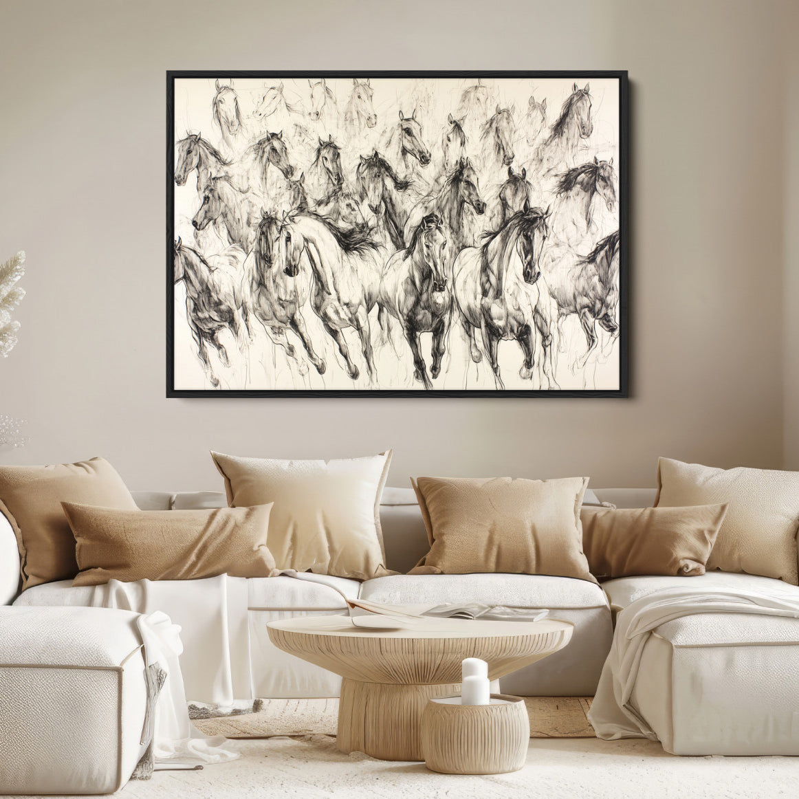 19433417-MGV-FC-36X24-Running Horses Wall Art Canvas Print – Framed Galloping Herd Dynamic Equestrian Sketch Nature Artwork for Home Office