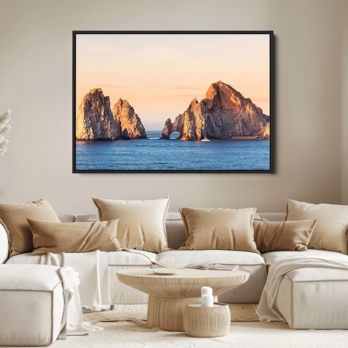 72996116-MGV-FC-36X24-El Arco Wall Art Canvas Print, Framed Cabo Rocks Art Picture Print, Ocean Arch Perfect Golden
