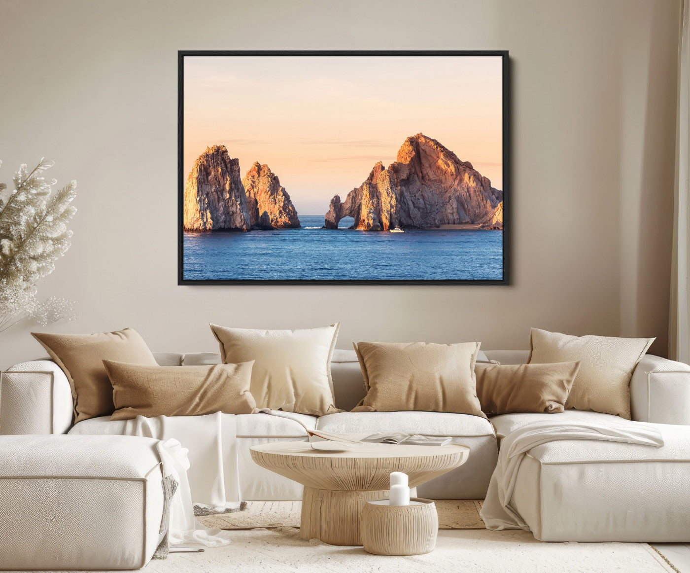 72996116-MGV-FC-36X24-El Arco Wall Art Canvas Print, Framed Cabo Rocks Art Picture Print, Ocean Arch Perfect Golden