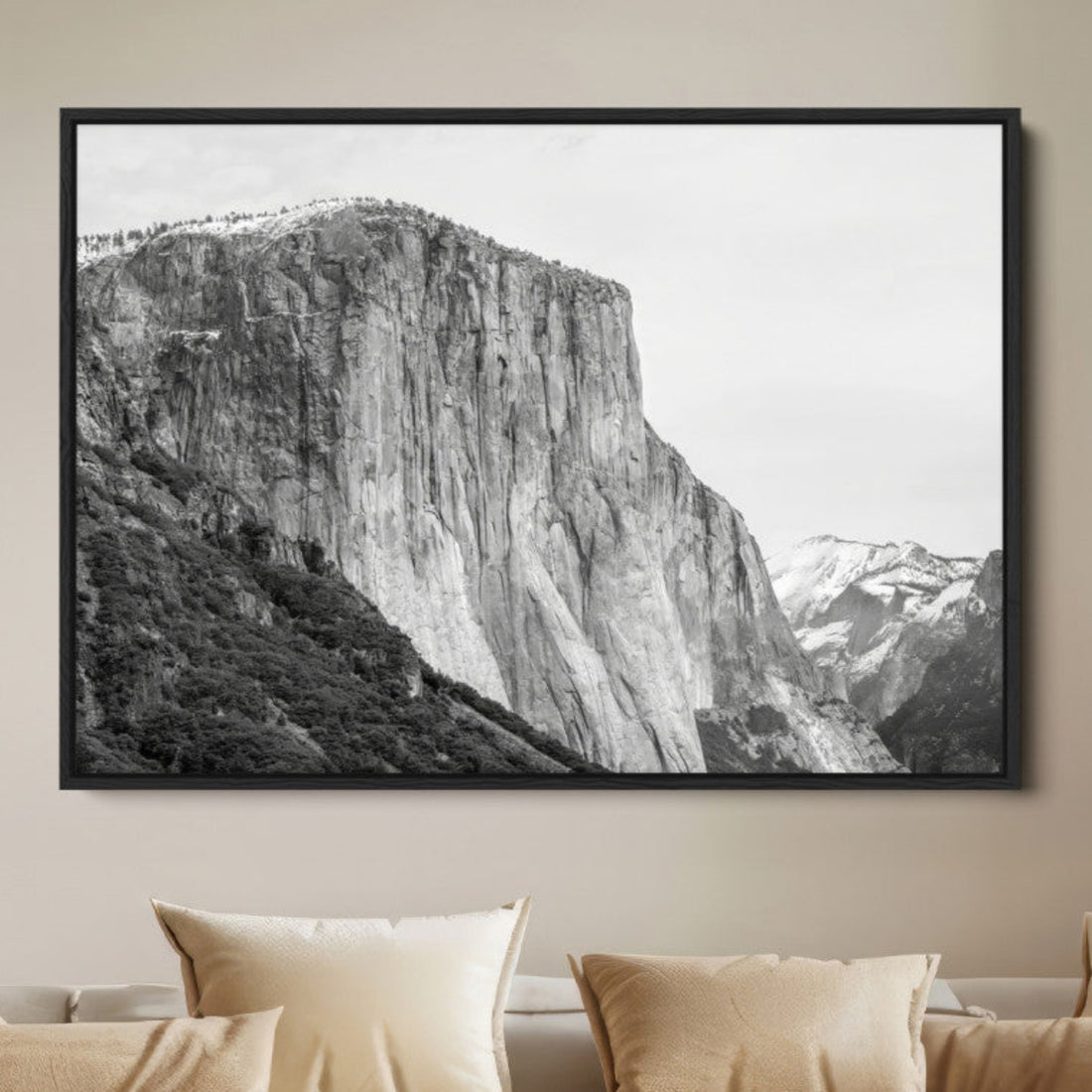 El Capitan Wall Art Canvas Print, Framed Yosemite Cliff Monochrome Mountain Art