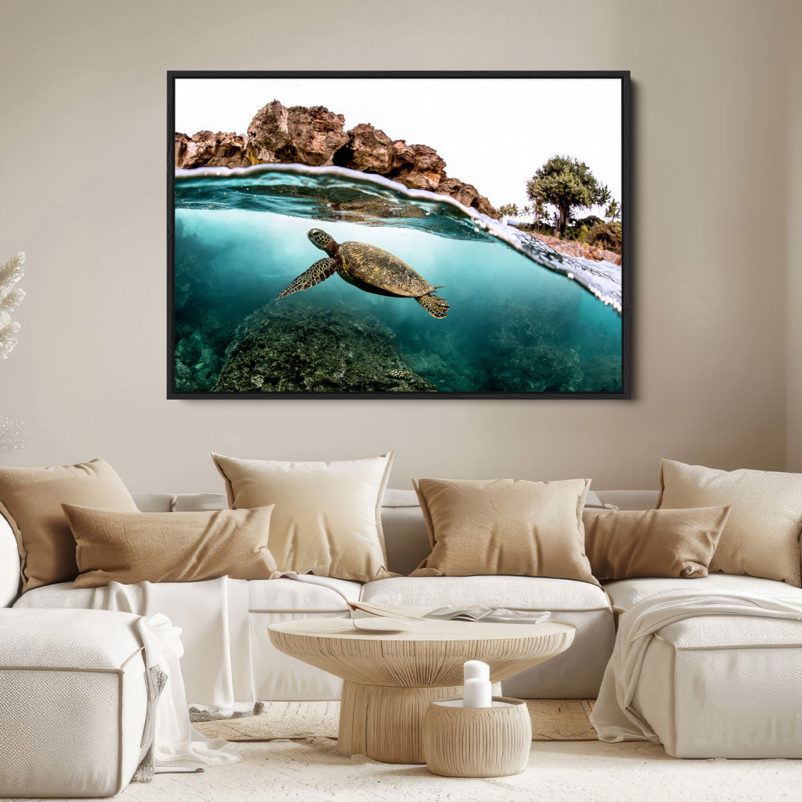 44200301-MGV-FC-36X24-Sea Turtle Wall Art Canvas Print – Framed Ocean Life Tropical Coastal Marine Wildlife Artwork for Home Office