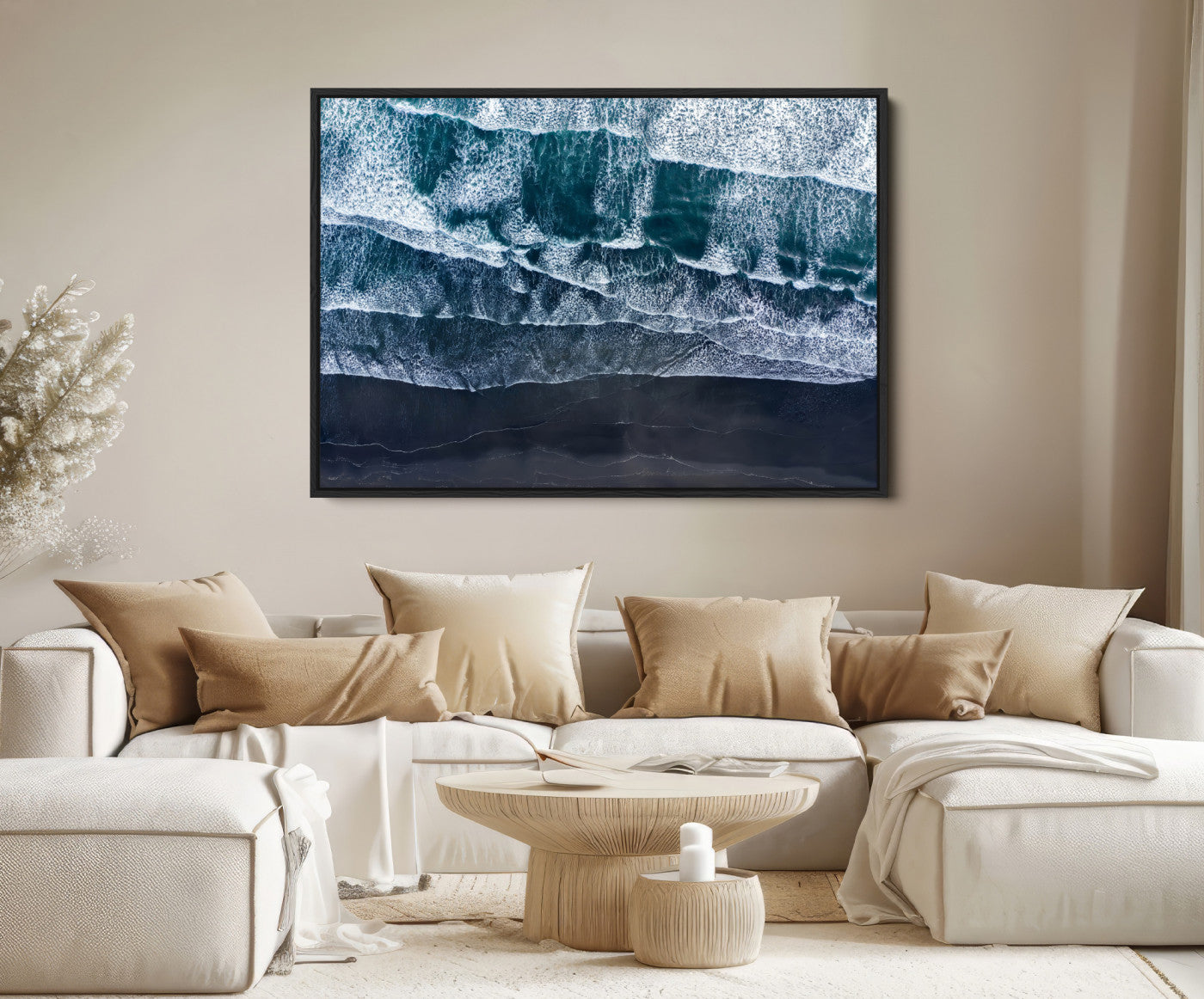 87941475-MGV-FC-36X24-Black Beach Wall Art Canvas Print – Framed Aerial Ocean View Moody Coastal Seascape Nature Artwork for Home Office