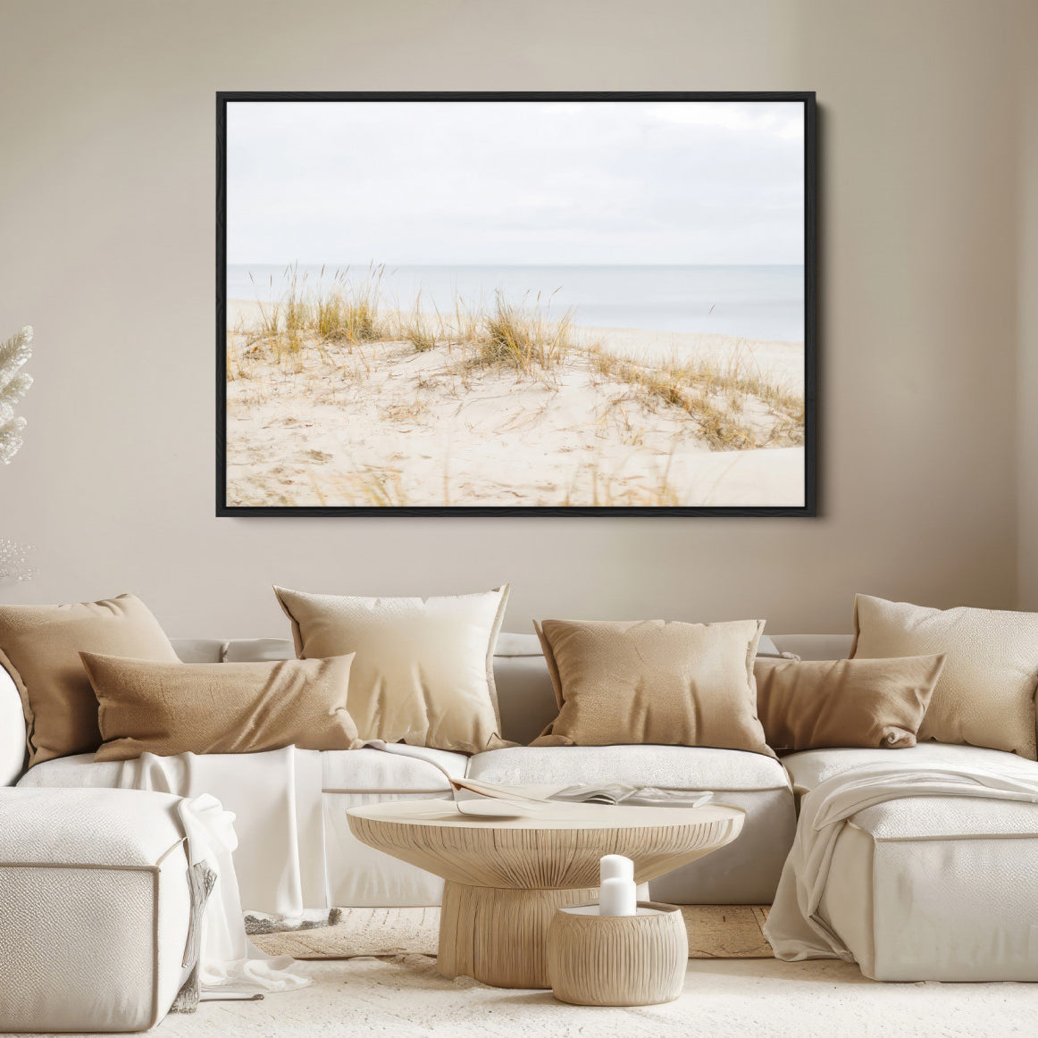 13146857-MGV-FC-36X24-Beach Dunes Wall Art Canvas Print – Framed Serene Coastal Grass and Sand Scene Artwork for Home, Office, Living Room