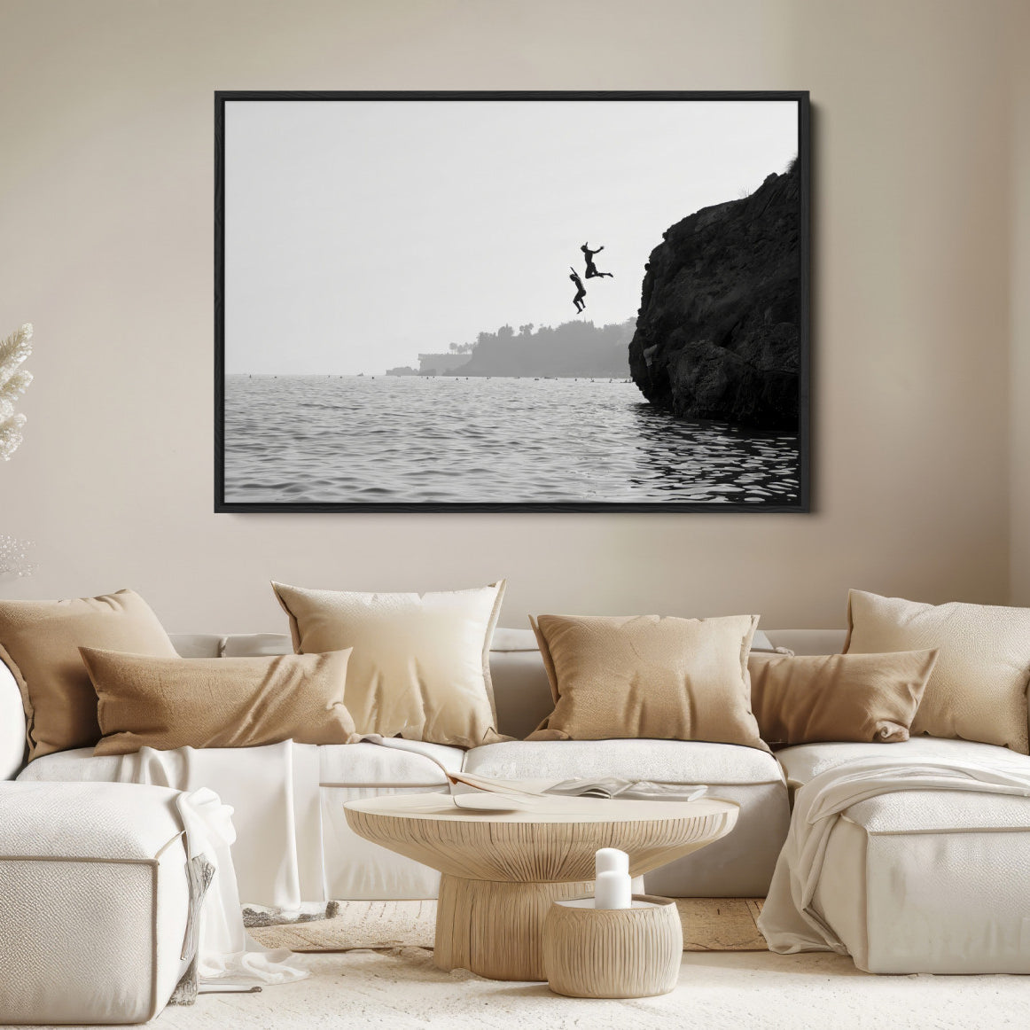 52284302-MGV-FC-36X24-Jumping Wall Art Canvas Print – Framed Coastal Ocean Scene Artwork for Relaxing Beach Home, Office Decor
