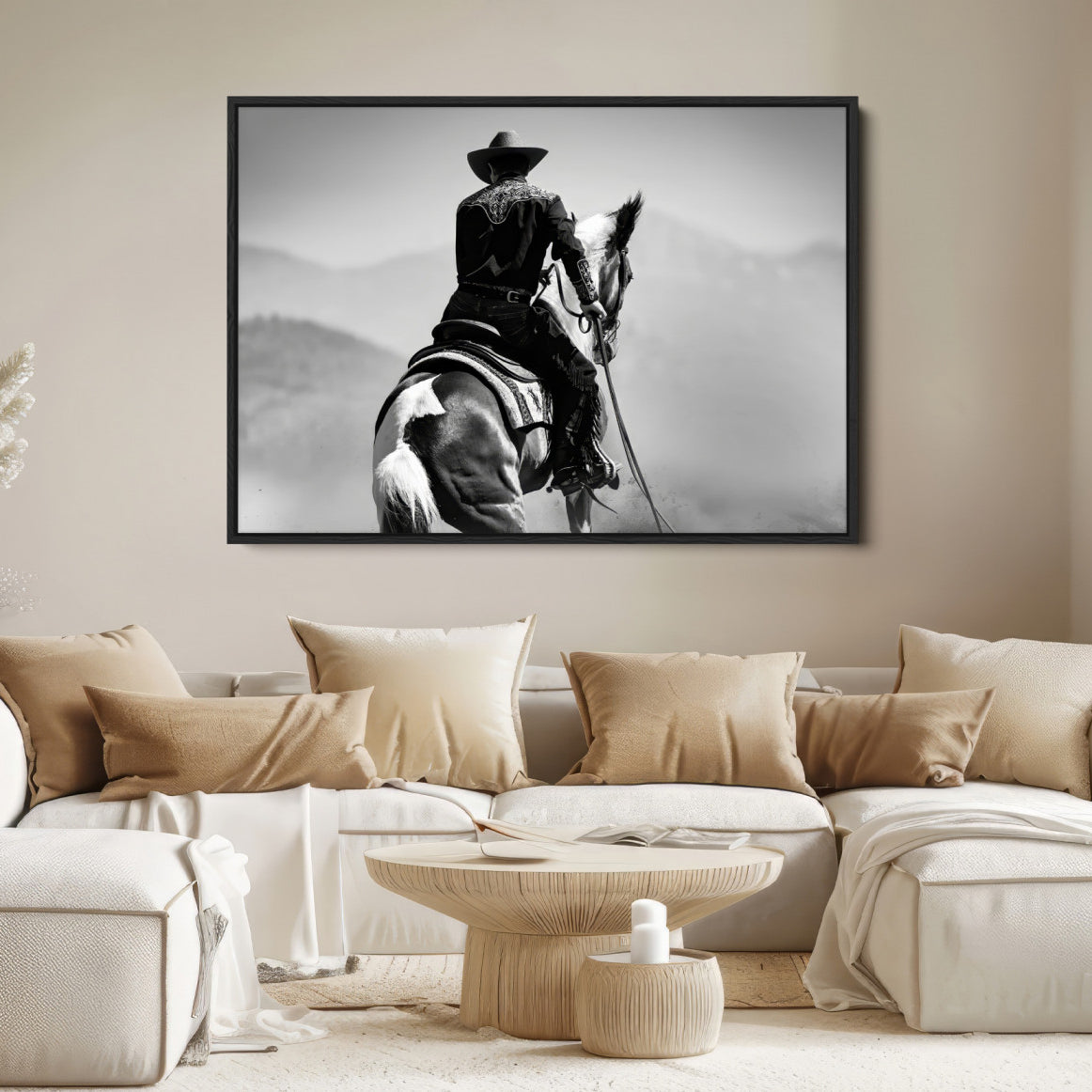 83102464-MGV-FC-36X24-Western Wall Art Canvas Print – Framed Cowboy and Horse Scene Artwork for Rustic Western Home, Office Decor