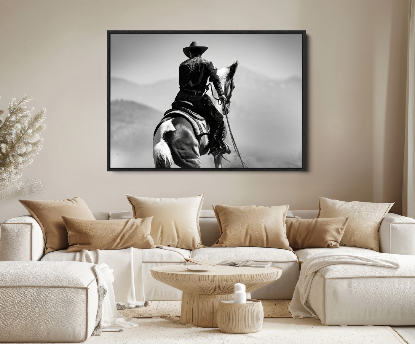 83102464-MGV-FC-36X24-Western Wall Art Canvas Print – Framed Cowboy and Horse Scene Artwork for Rustic Western Home, Office Decor