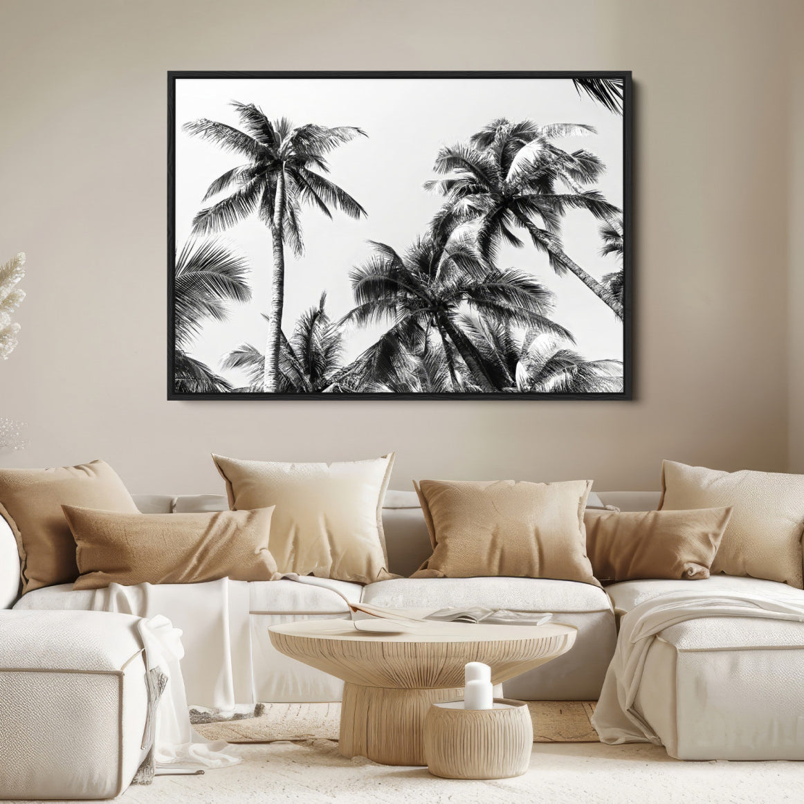 46641801-MGV-FC-36X24-Palm Wall Art Canvas Print – Framed Monochrome Tropical Scene Artwork for Minimalist Home, Office, Living Room Decor