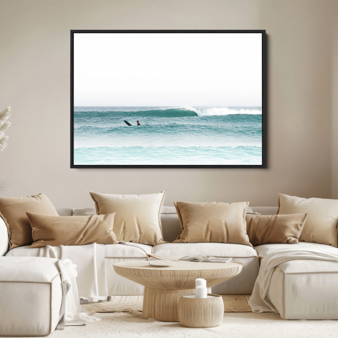 56345117-MGV-FC-36X24-Surfing Wall Art Canvas Print – Framed Ocean Waves Minimalist Beach Artwork for Living Room Bedroom Office, Living Room