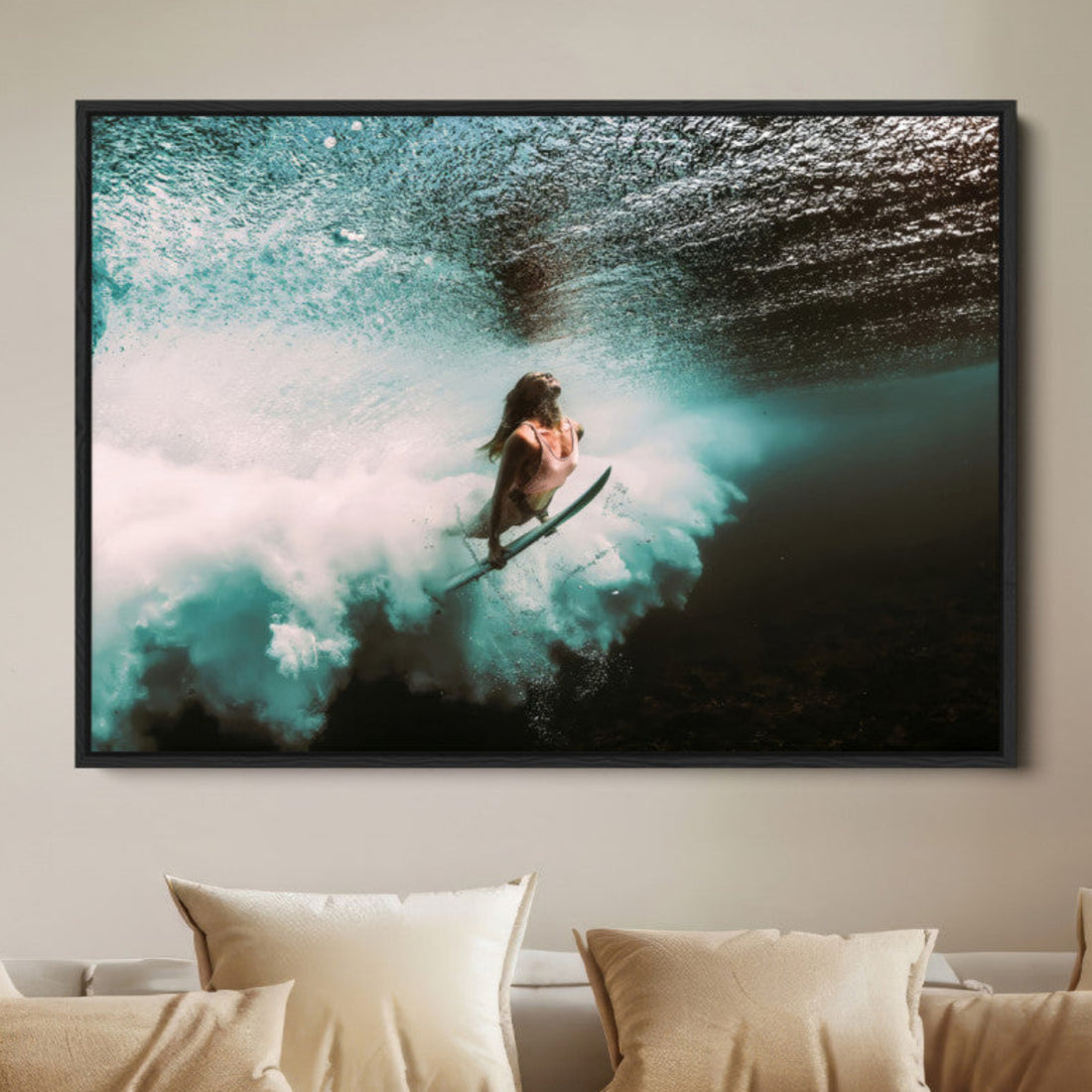 Vibrant Aquatic Motion Wall Art Canvas Print, Framed Underwater Female Surfer Diving Art