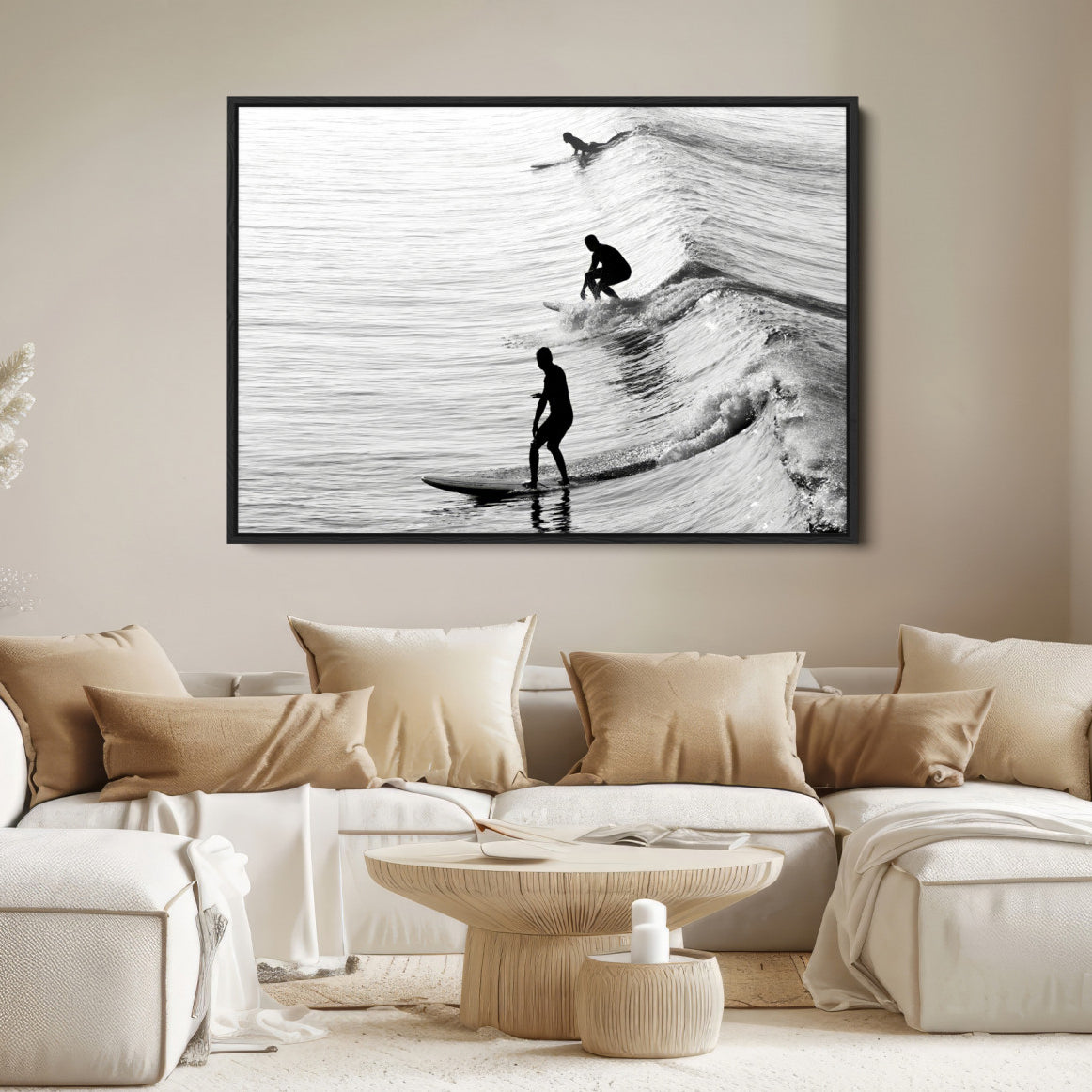 19875284-MGV-FC-36X24-Surfers on Waves Wall Art Canvas Print – Framed Black and White Surf Ocean Monochrome Beach Artwork for Home, Office