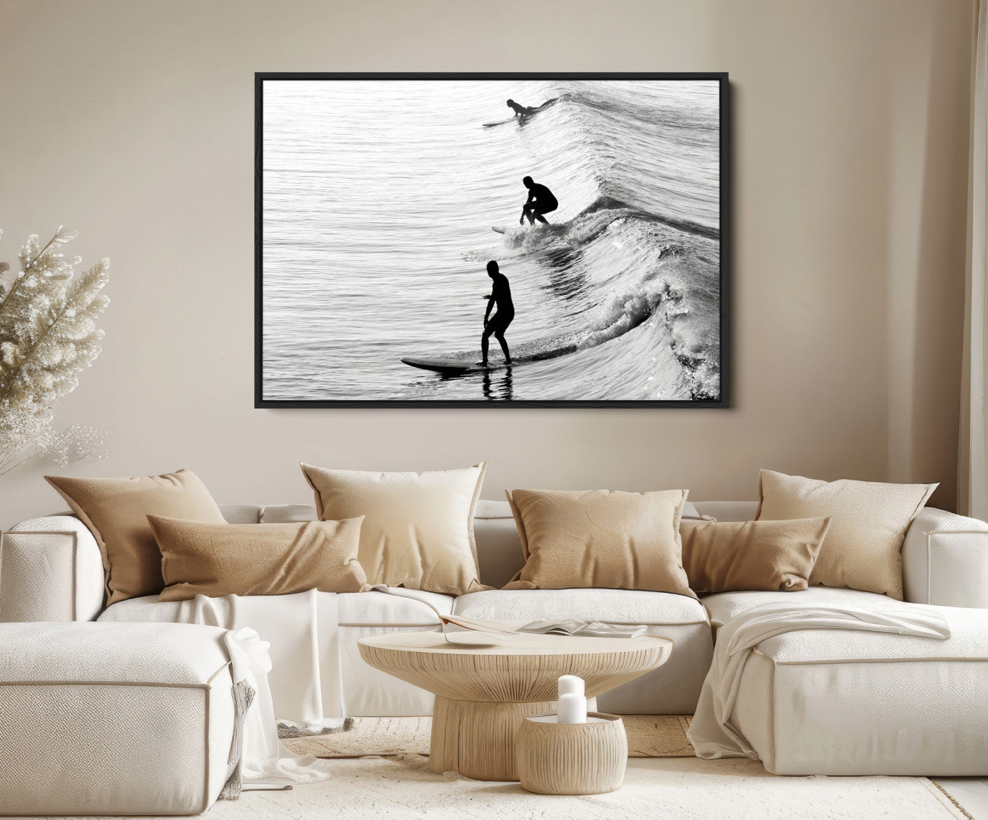 19875284-MGV-FC-36X24-Surfers on Waves Wall Art Canvas Print, Framed Black White Surf Art Picture Print, Monochrome Ocean