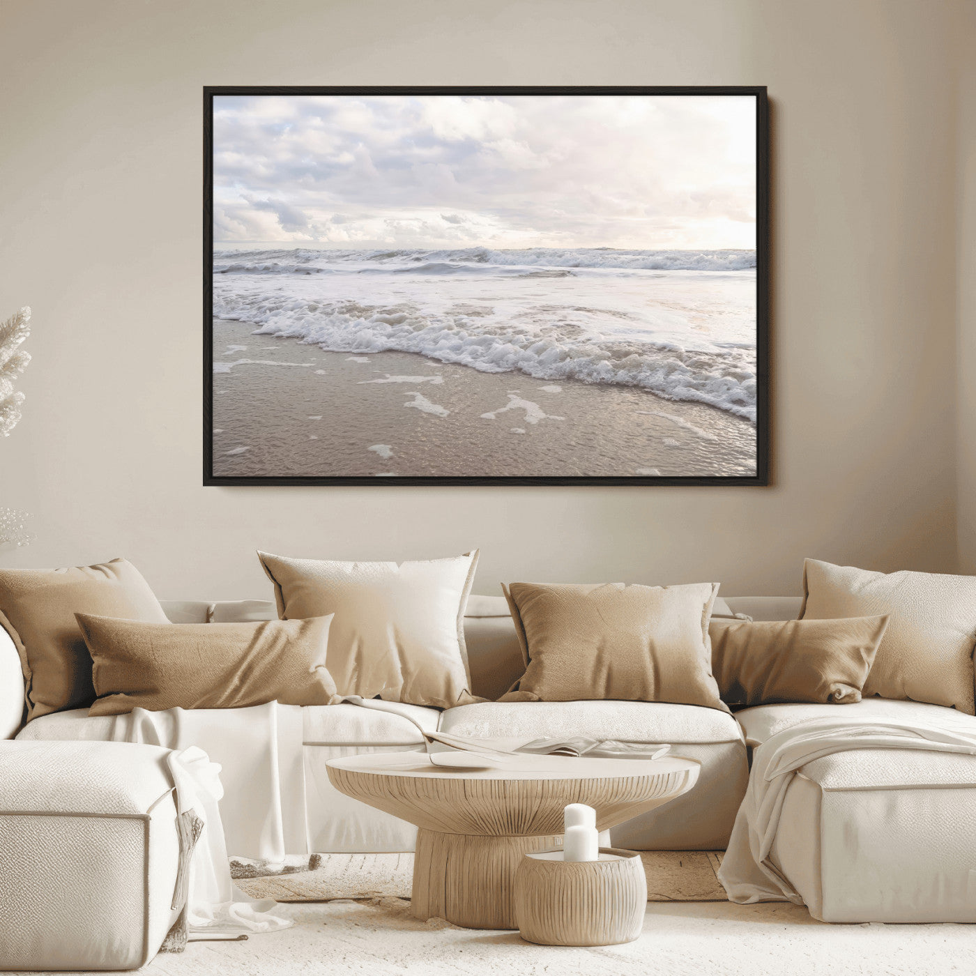 70596264-MGV-FC-36X24-Ocean Waves Wall Art Canvas Print – Framed Coastal Shoreline Art Picture Sea Foam Artwork for Home, Office