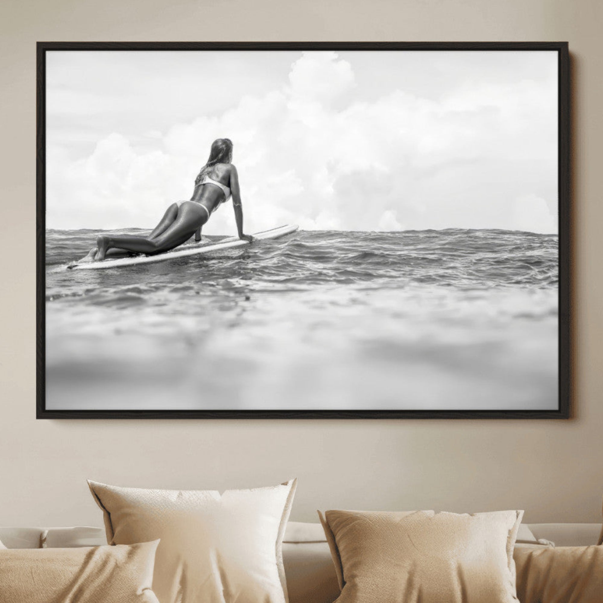 69798068-MGV-FC-36X24-Black White Surfing Wall Art Canvas Print – Framed Ocean Horizon Art Picture Surfer Girl Artwork for Home, Office