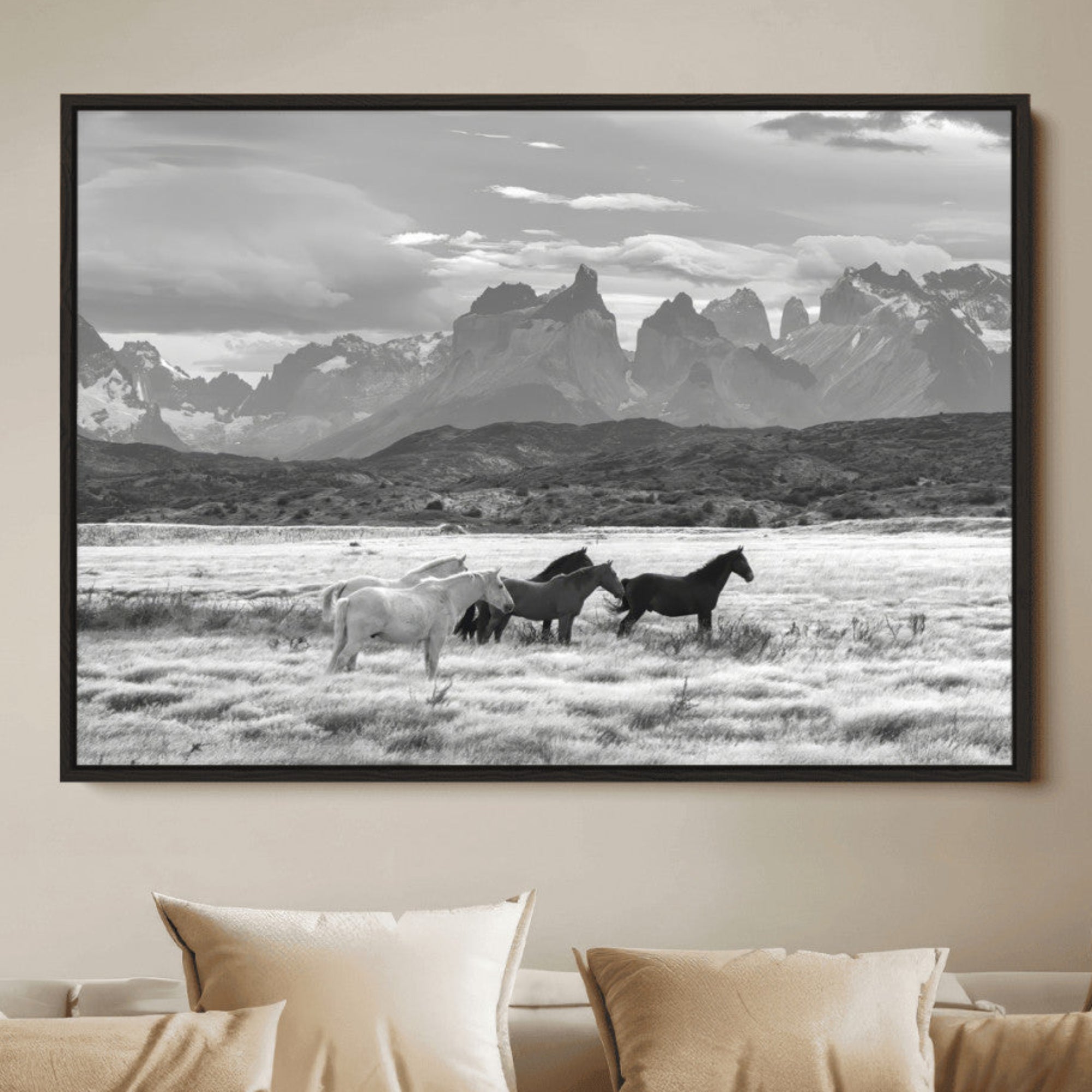 21655040-MGV-FC-36X24-Wild Horses Wall Art Canvas Print – Framed Black and White Mountain Scene Rustic Artwork for Home, Office