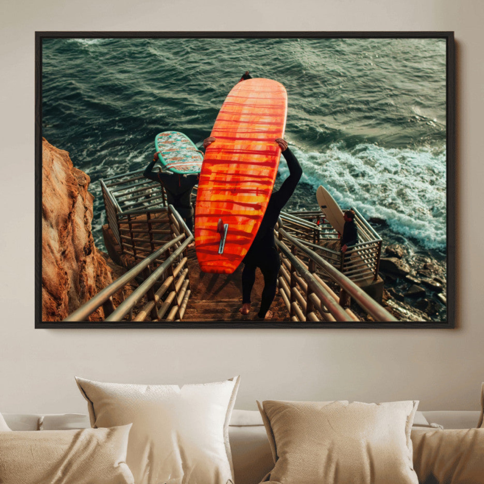 87750525-MGV-CV-36X24-Surfer Stairway Wall Art Canvas Print – Framed Ocean Surf Art Picture Sunset Coastal Artwork for Home Office