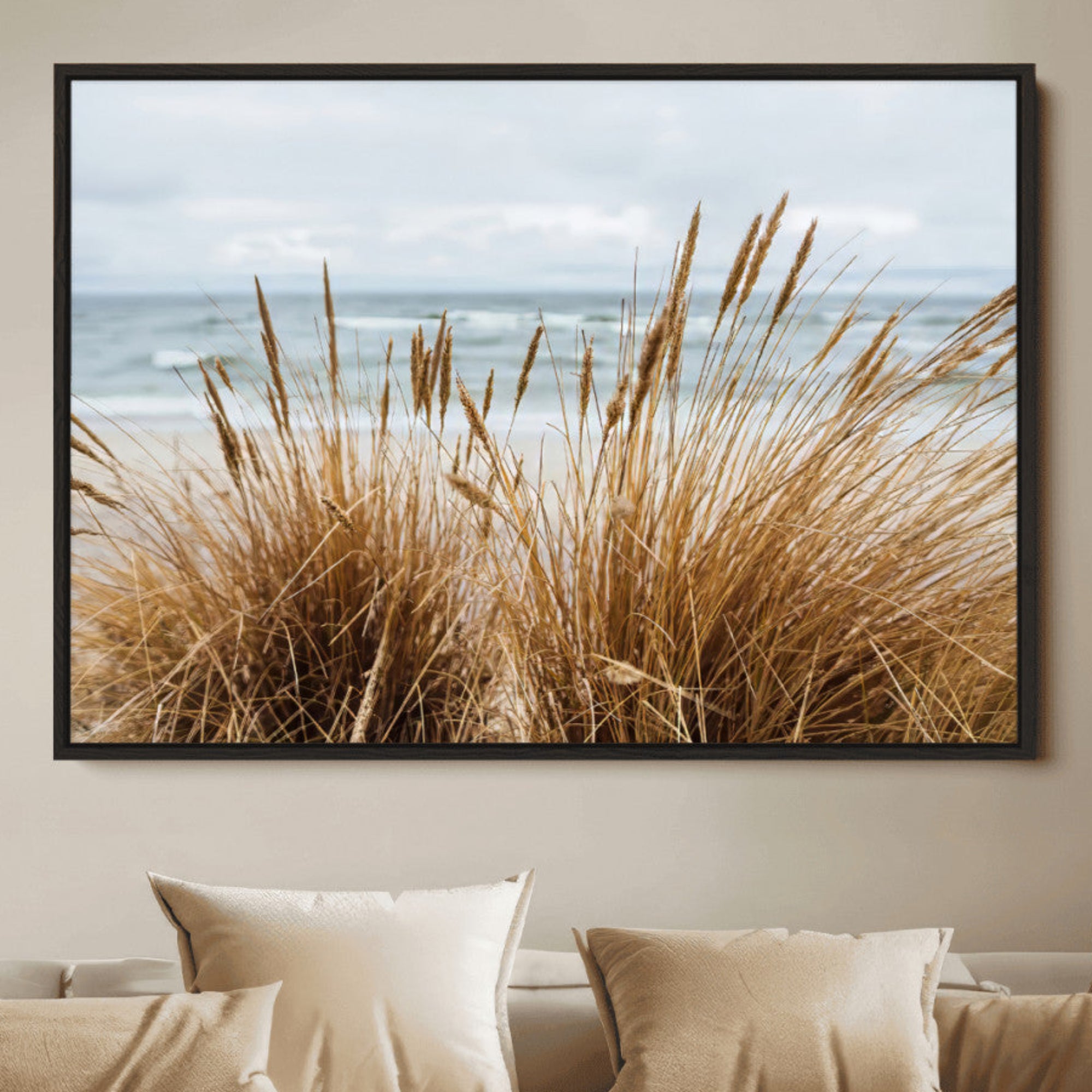 87750525-MGV-CV-36X24-Beach Grass Wall Art Canvas Print – Framed Coastal Dunes Art Picture Dune Grass Artwork for Home Office