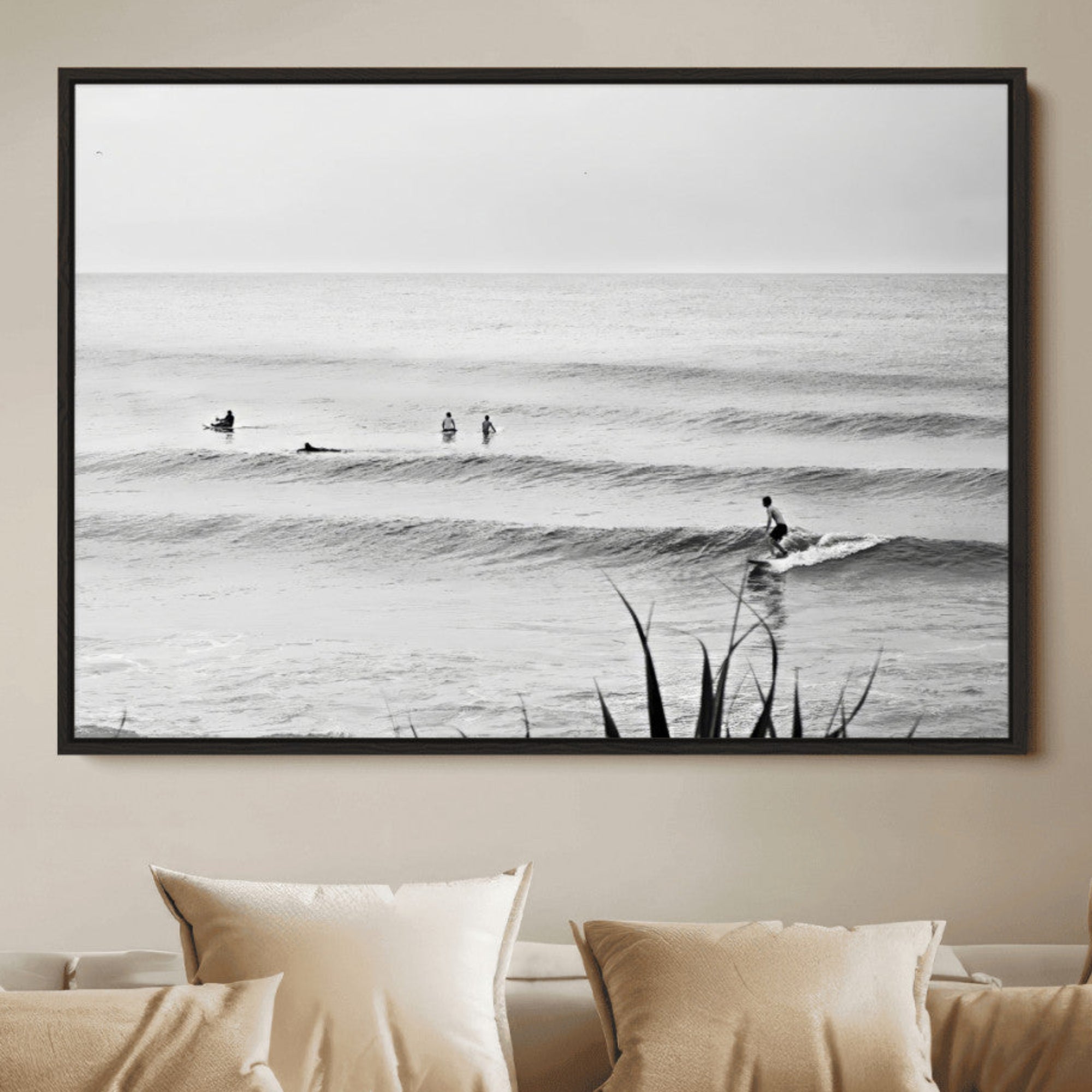 33821421-MGV-FC-36X24_Black-Surfer Silhouette Wall Art – Framed Calm Ocean Monochrome Surf Canvas Print Relaxing Decor for Home, Office