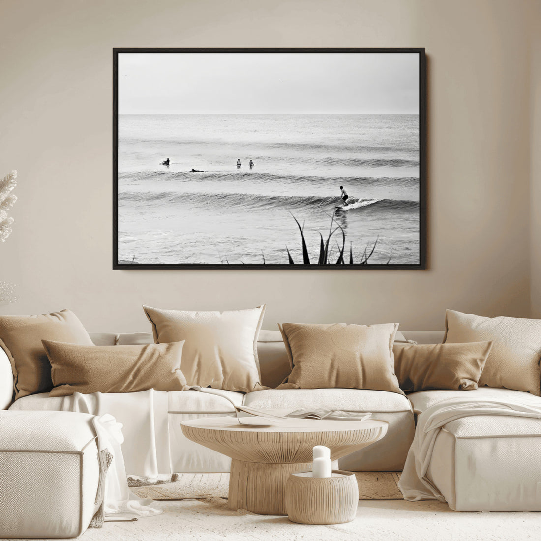 Surfer Silhouette Wall Art Canvas Print, Framed Calm Ocean, Monochrome Surf Scene