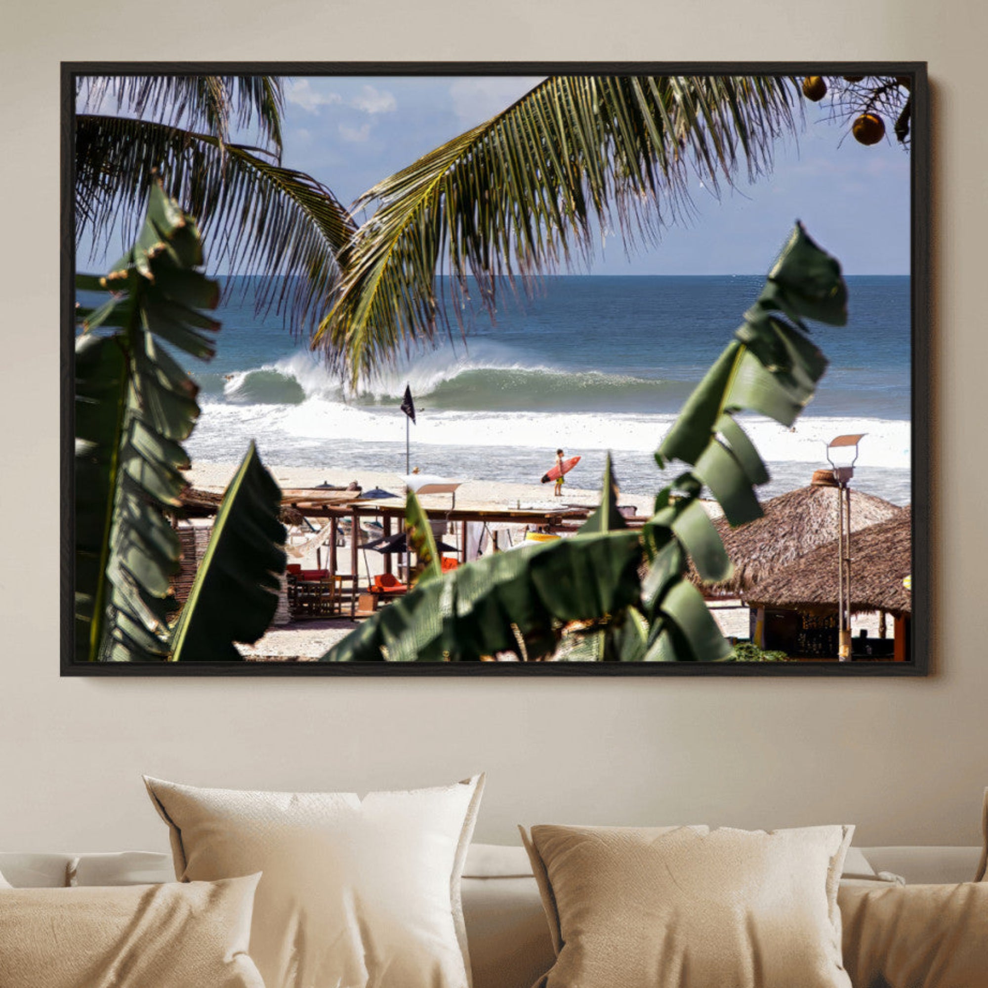 87750525-MGV-CV-36X24-Tropical Shoreline Wall Art Canvas Print – Framed Surfer Beach Art Picture Coastal Surf Artwork for Home, Office, Living Room