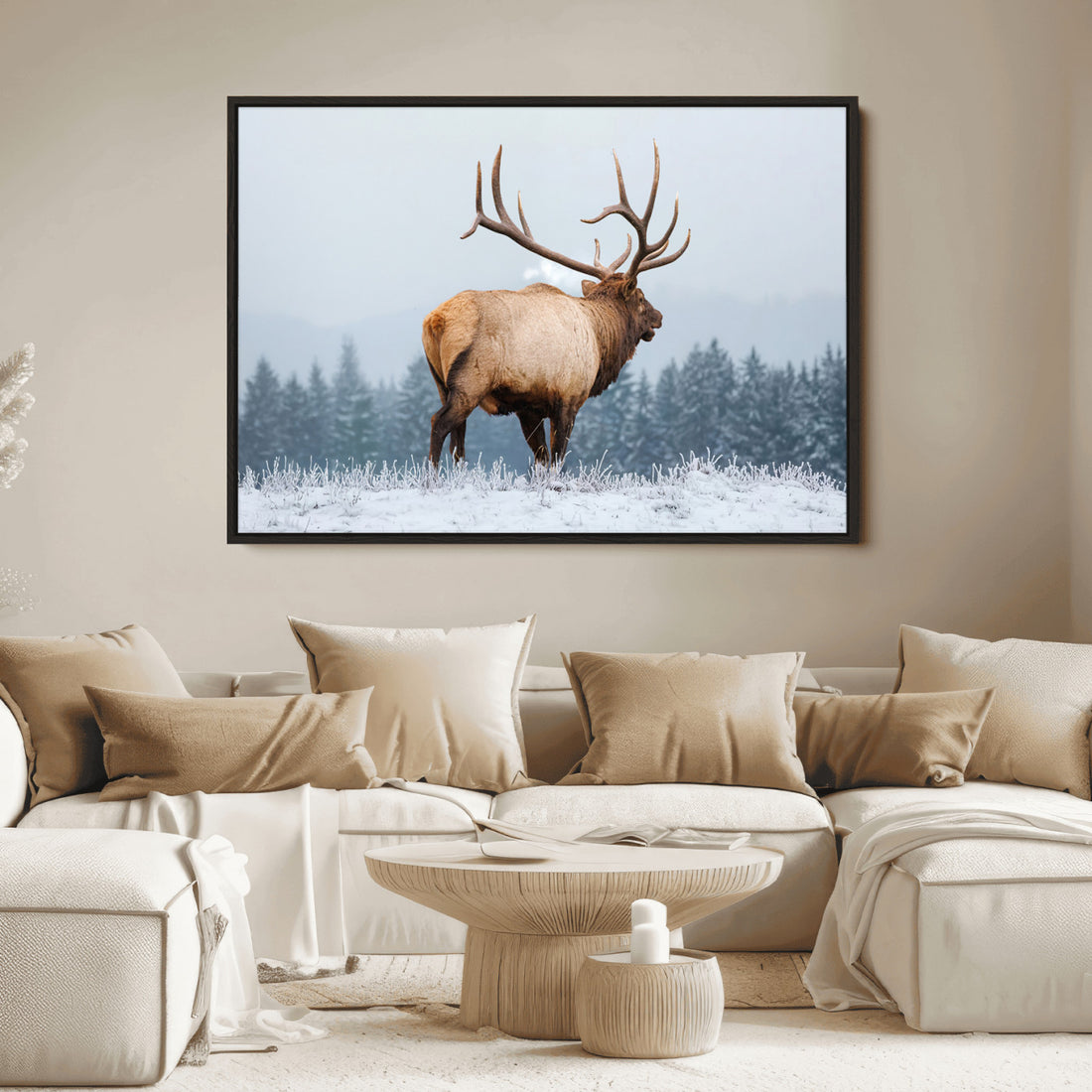 Elk Wall Art Canvas Print, Framed Snowy Forest Scene Art, Rustic Wildlife Lodge Decor