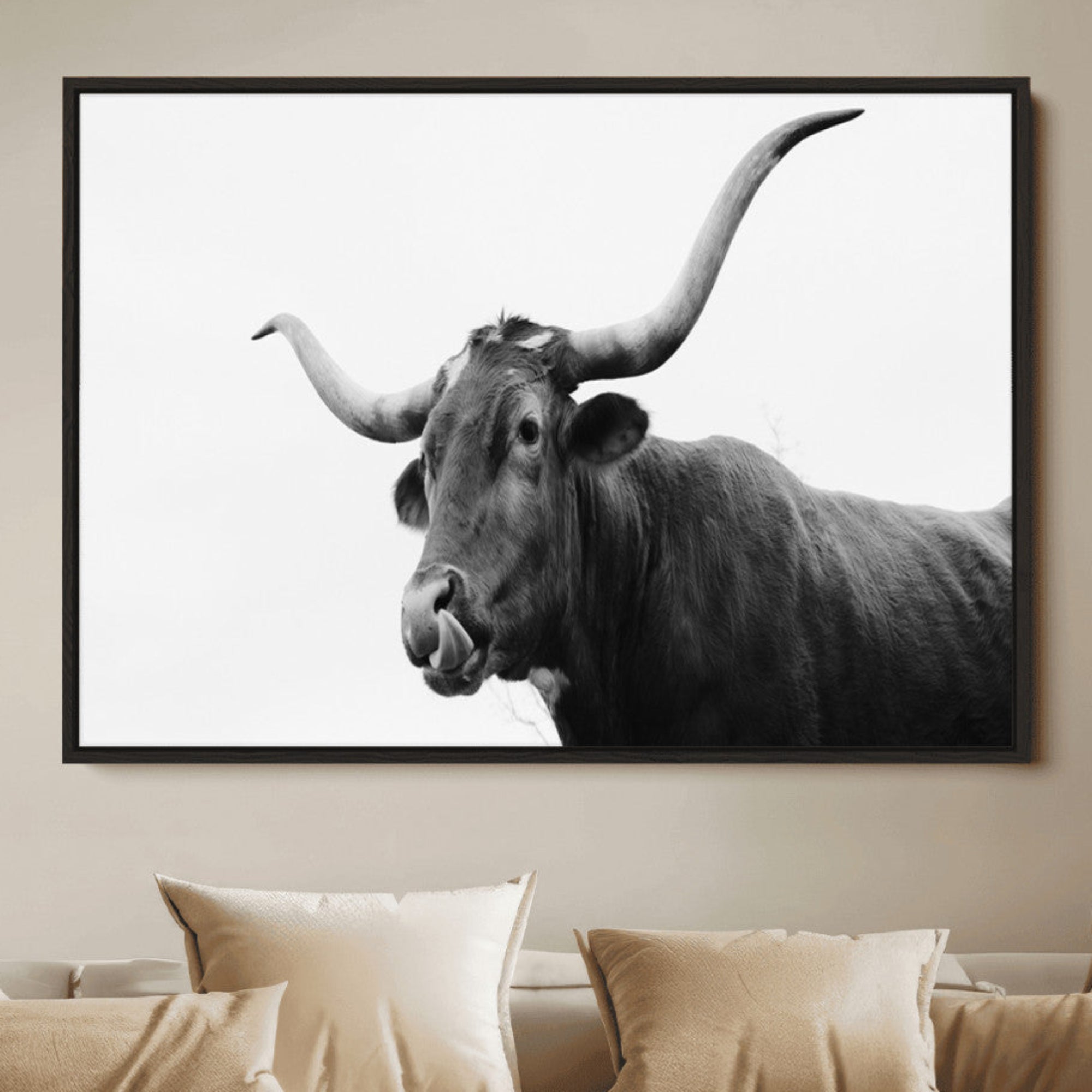 Black and white portrait of a longhorn cow looking toward the camera, ideal for modern rustic or western farmhouse wall decor.
