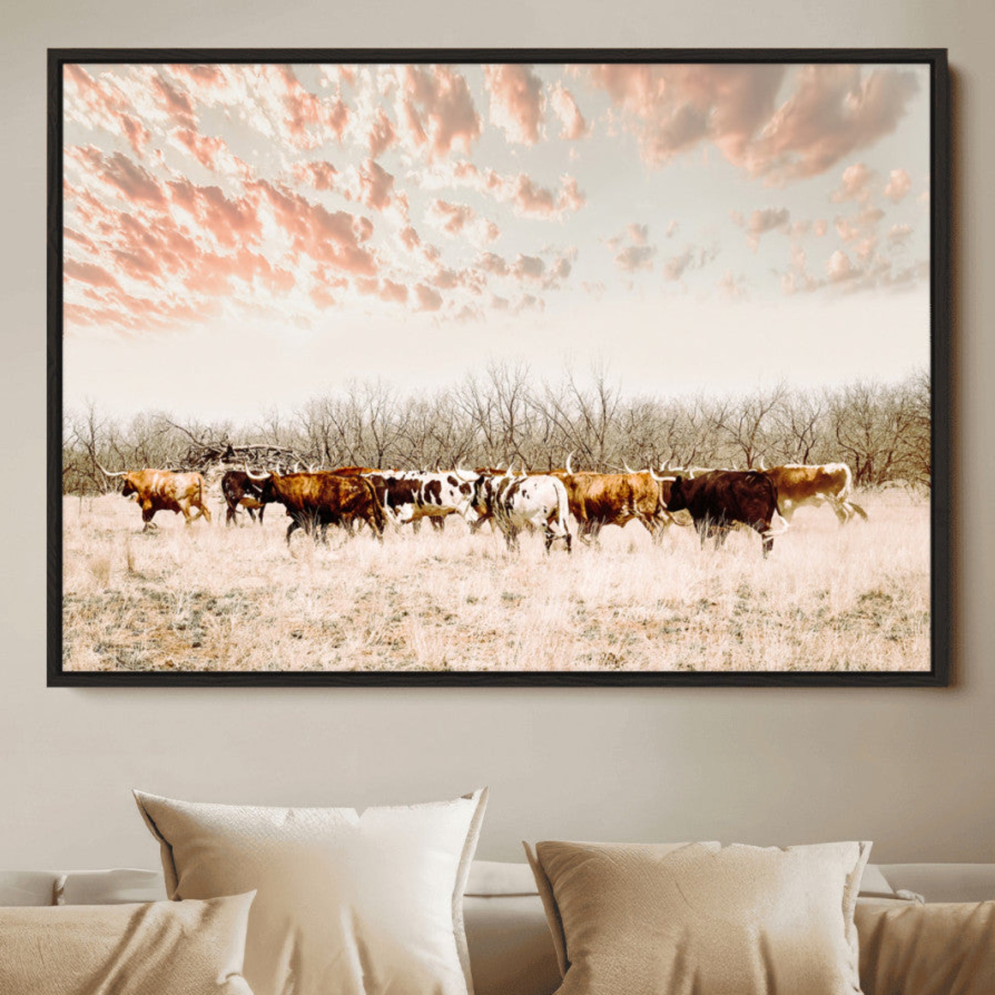 Cattle herd in a soft-toned field under a pastel pink sky, creating a peaceful rustic feel, perfect for farmhouse or western-themed spaces.