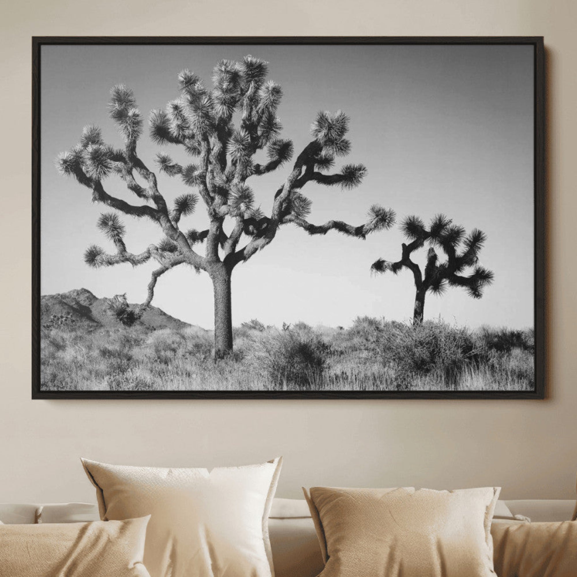 93692513-MGV-FC-36X24_Black-Joshua Tree Wall Art Canvas Print, Framed Monochrome Desert Art Picture Print, Minimalist Nature