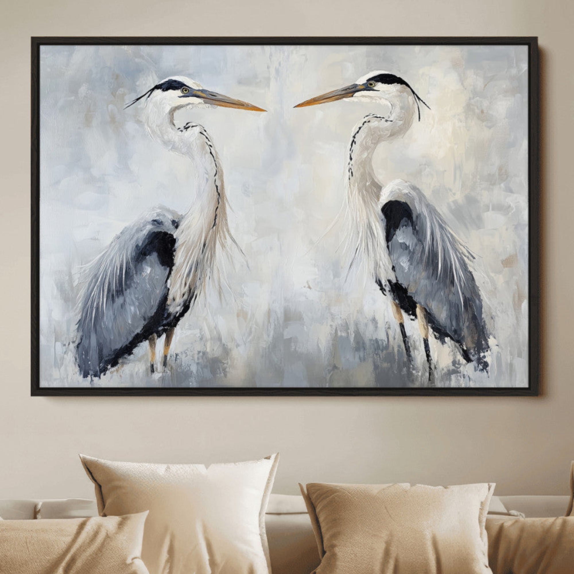 Two herons facing each other on a soft-toned background with blue-grey feathers, perfect for tranquil, coastal or nature-themed interiors.