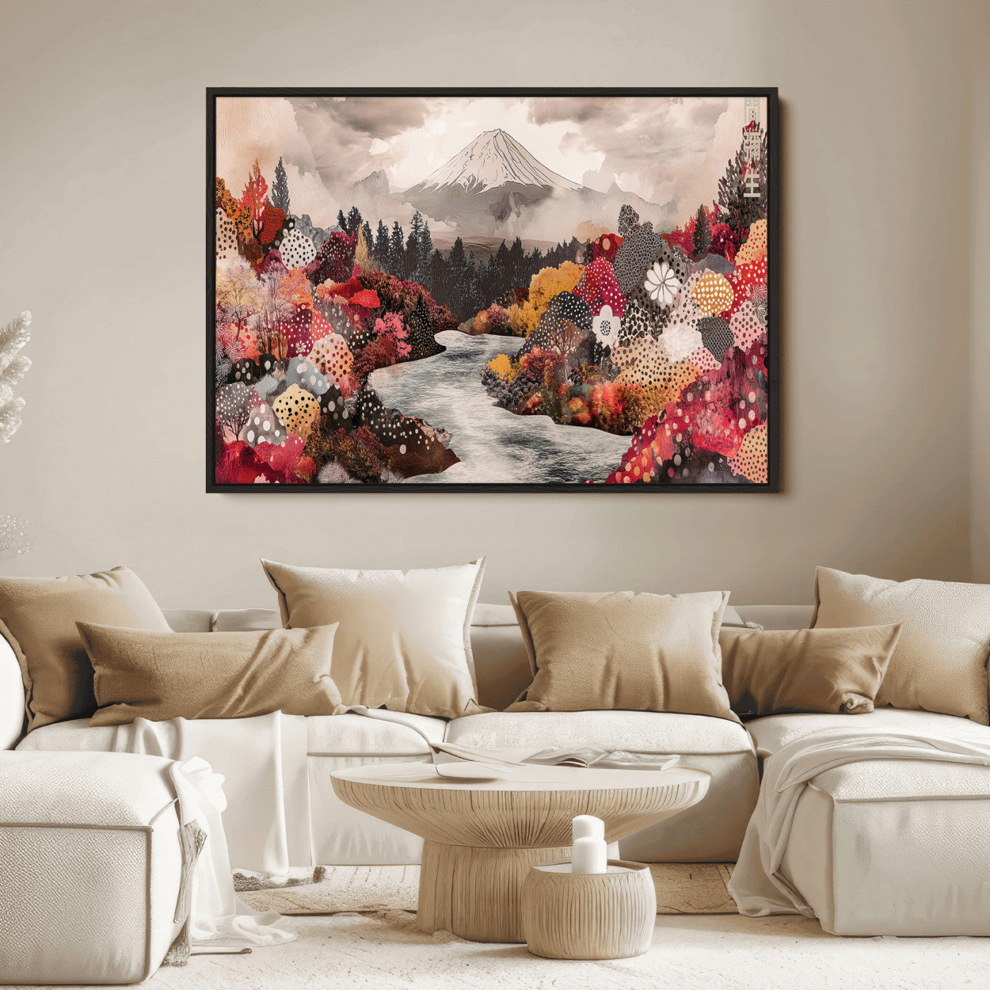 A whimsical mountain landscape with floral autumn trees, river, and misty peak, ideal for cozy, cottagecore, and nature-inspired wall decor.