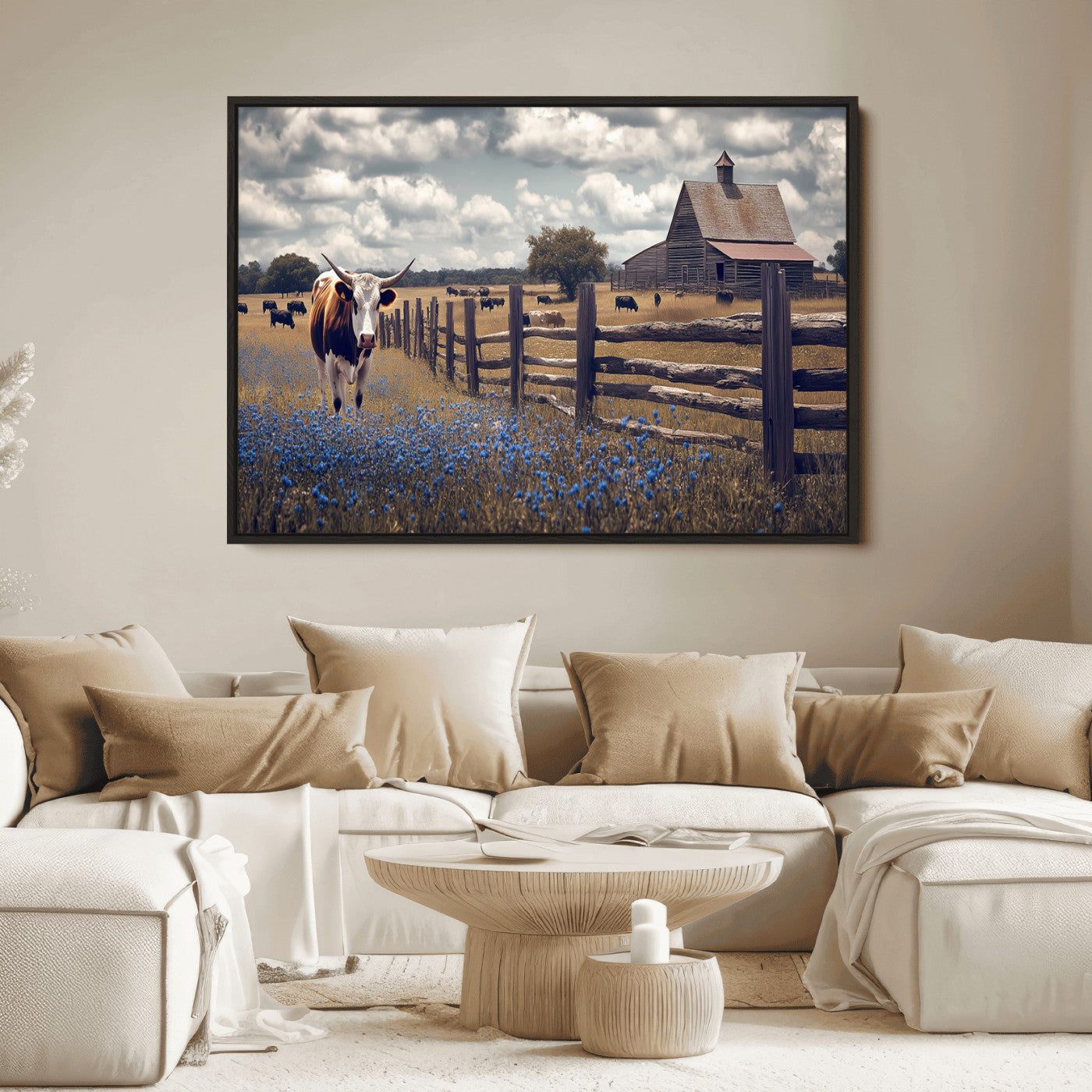 Framed canvas print of a Texas Longhorn near a rustic barn and fence, ideal for farmhouse or western-style home wall decor.