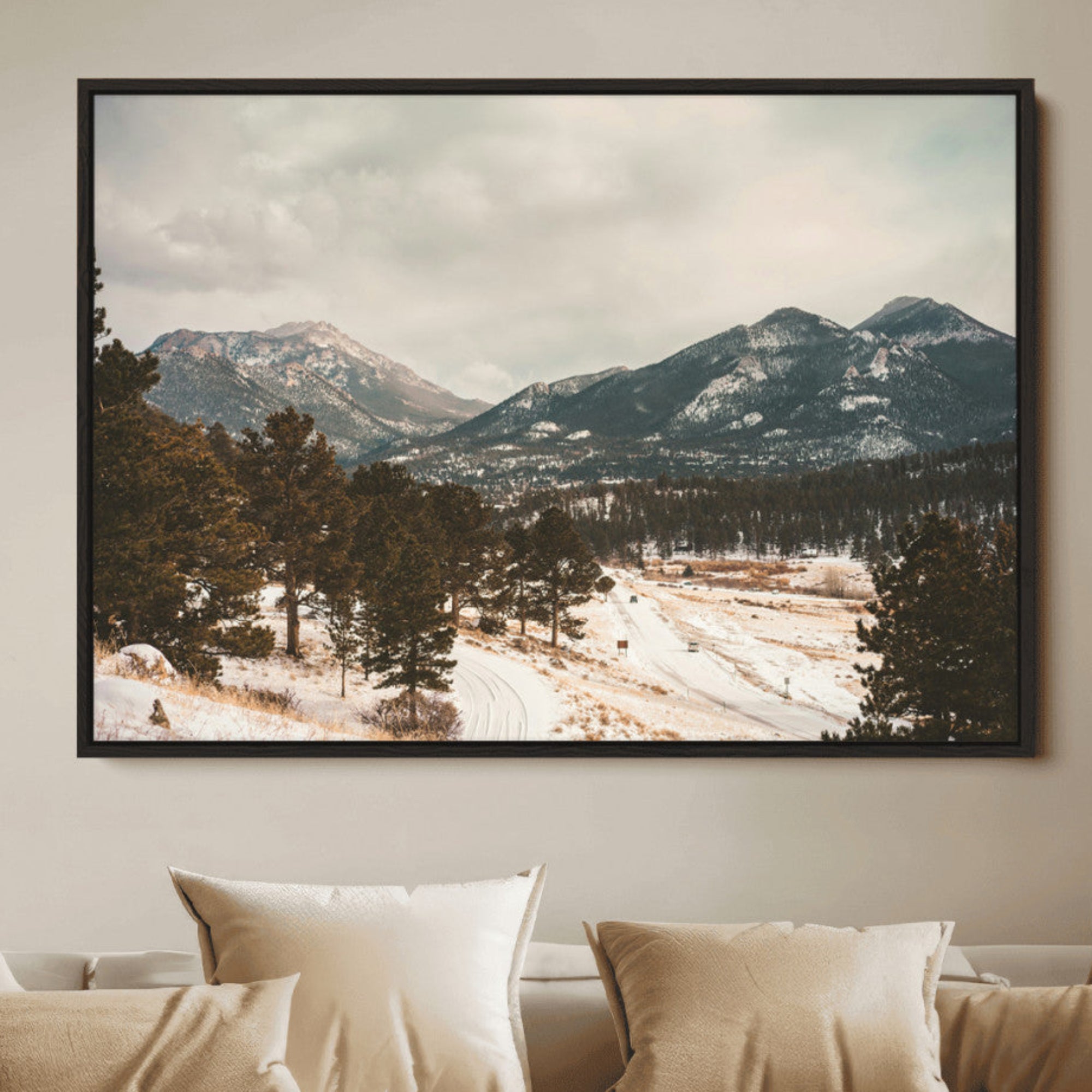 77311749-MGV-FC-36X24_Black-Mountain Landscape Wall Art Canvas Print – Framed Snowy Peaks Art Picture Alpine Aesthetic Artwork for Home Office