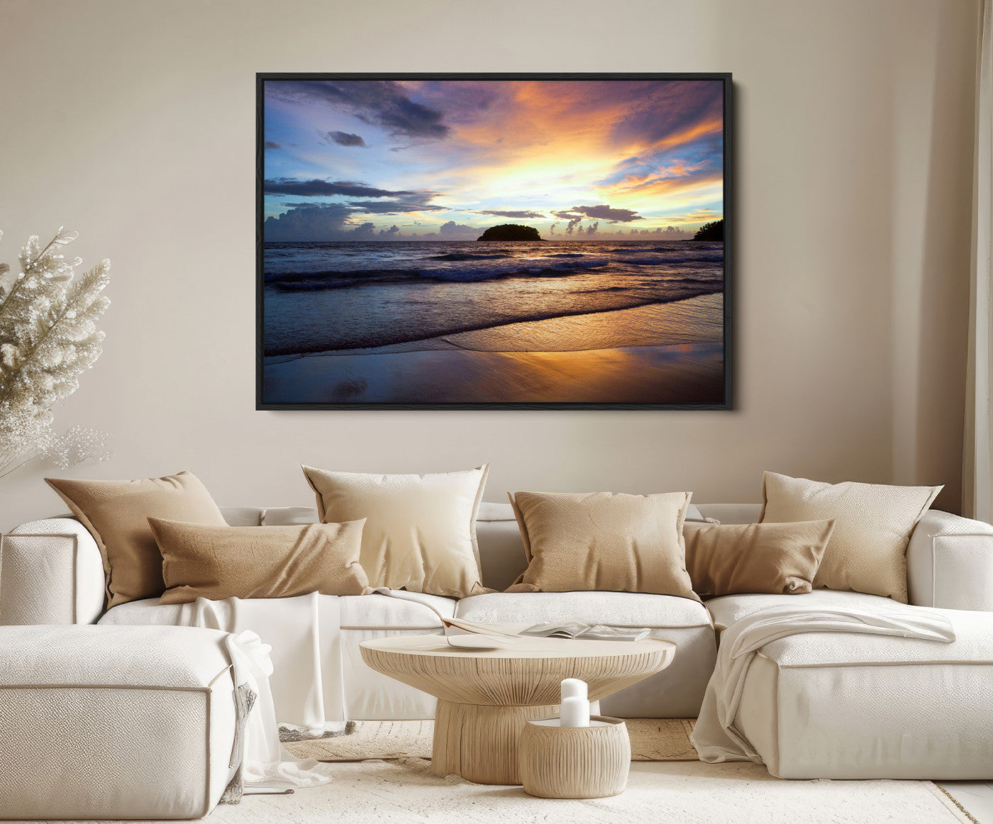 36714356-MGV-FC-36X24-Beach Sunset Wall Art Canvas Print – Tropical Ocean Waves Golden Sky Serene Seascape Nature Artwork for Home Office
