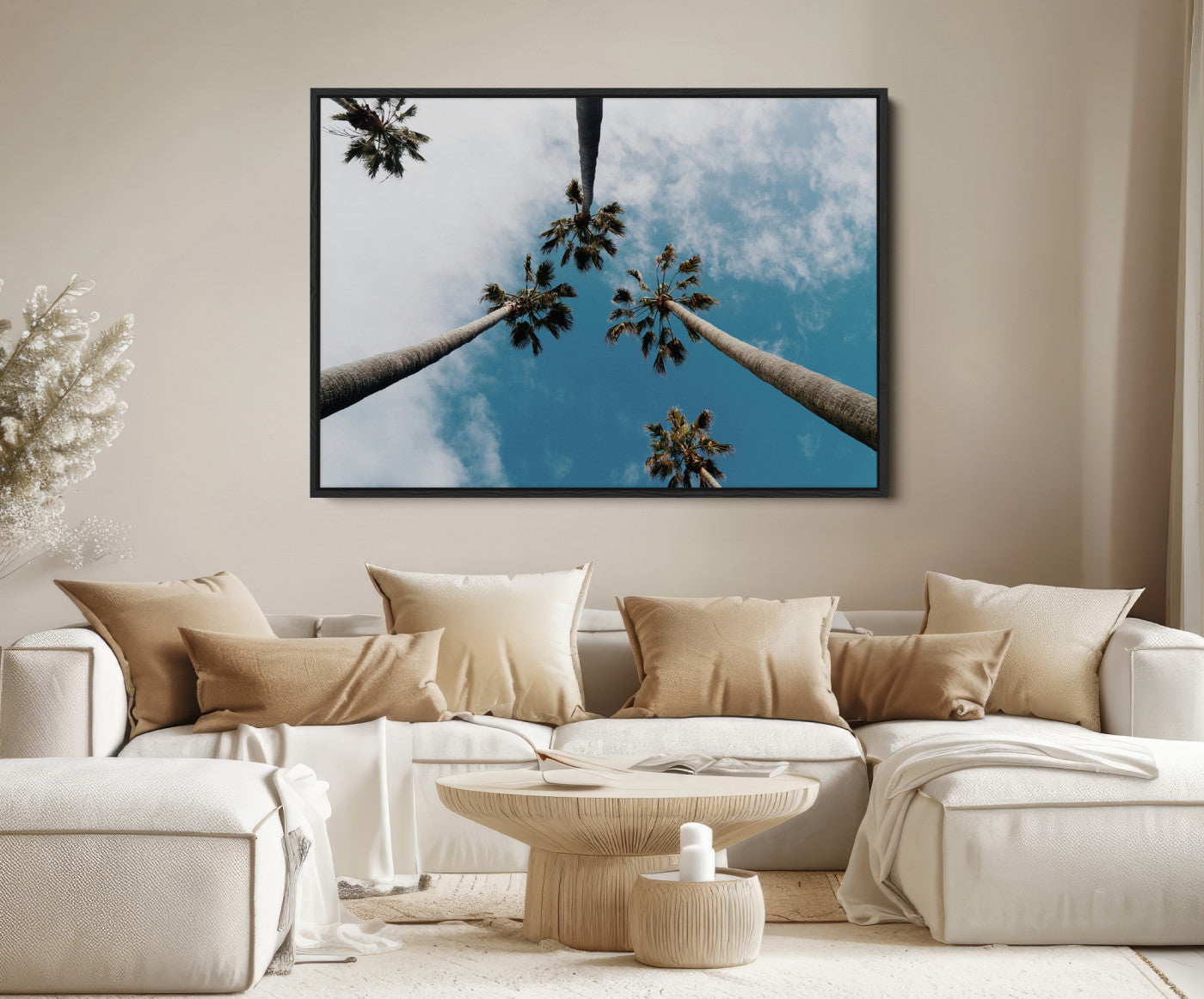 45236398-MGV-FC-36X24-Tropical Palm Trees Wall Art Canvas Print – Framed California Sky Minimalist Nature Scene Artwork for Home Office
