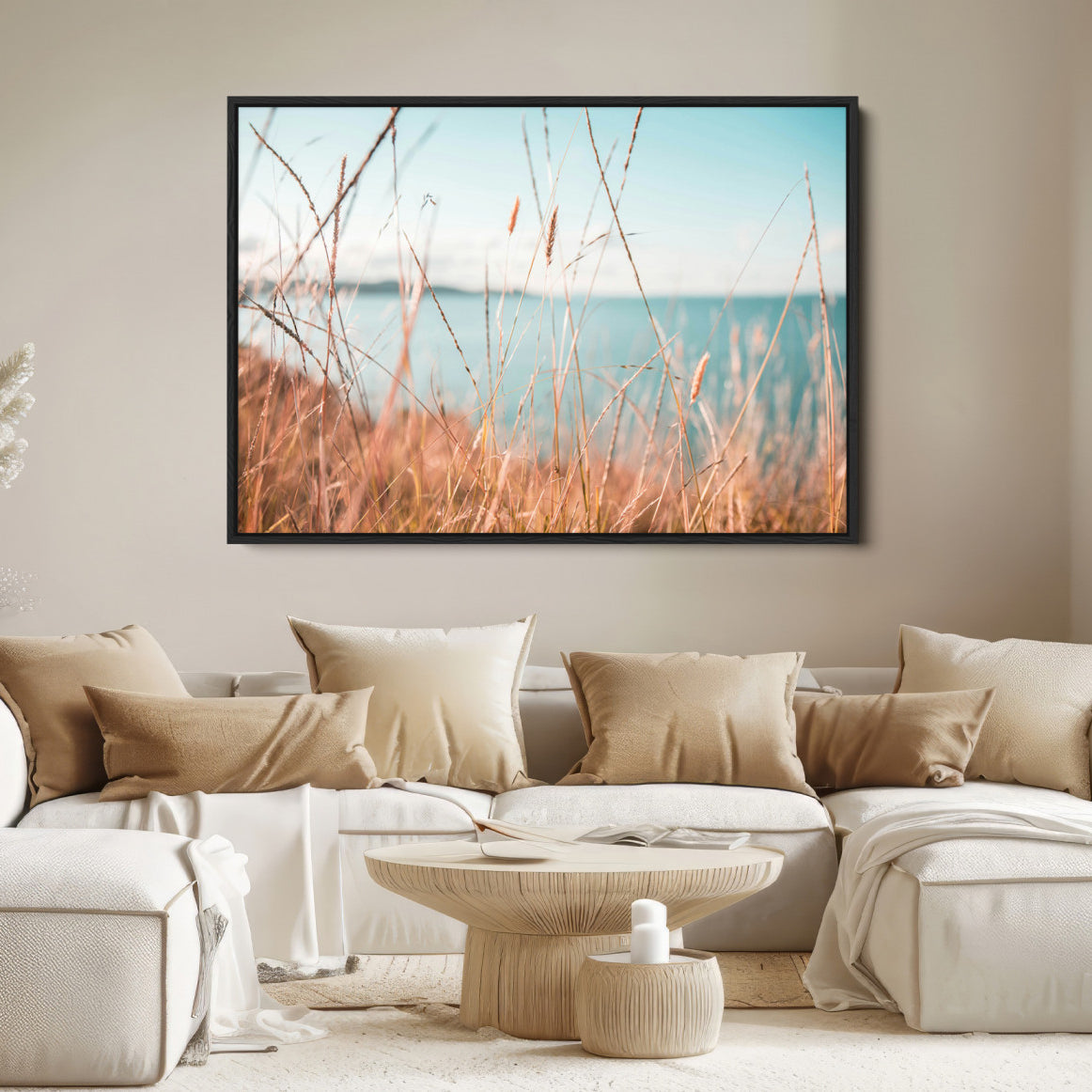 36108696-MGV-FC-36X24-Coastal Grass Landscape Wall Art Canvas Print – Golden Shoreline Nature Scene Serene Ocean View Artwork for Home Office