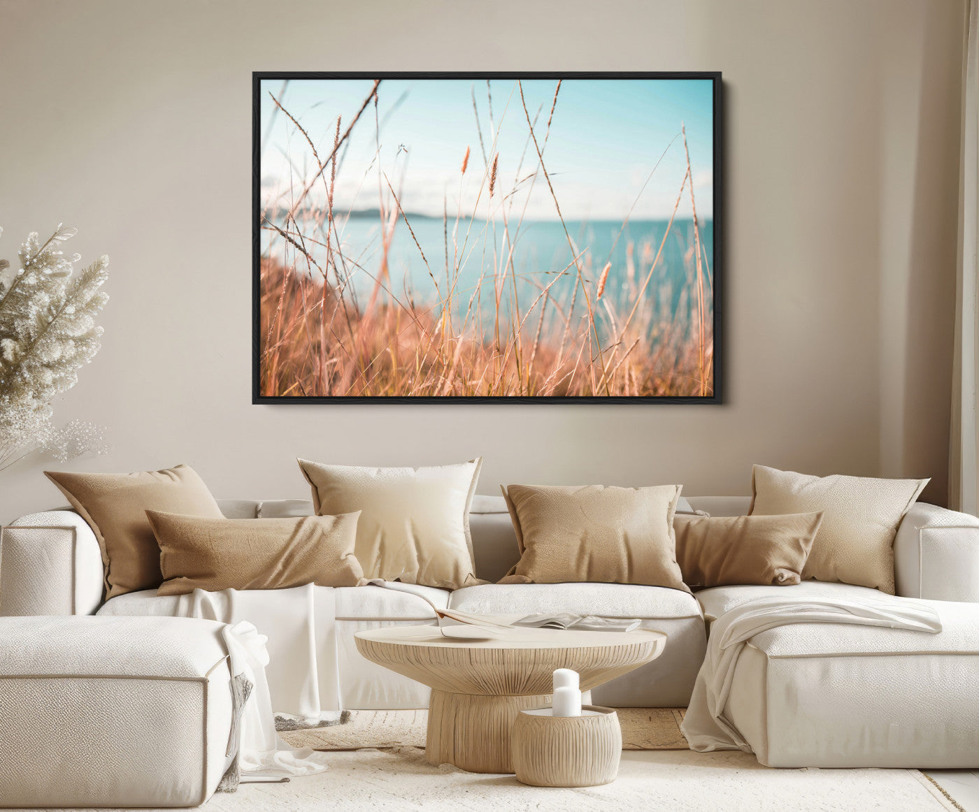 36108696-MGV-FC-36X24-Coastal Grass Landscape Wall Art Canvas Print – Golden Shoreline Nature Scene Serene Ocean View Artwork for Home Office