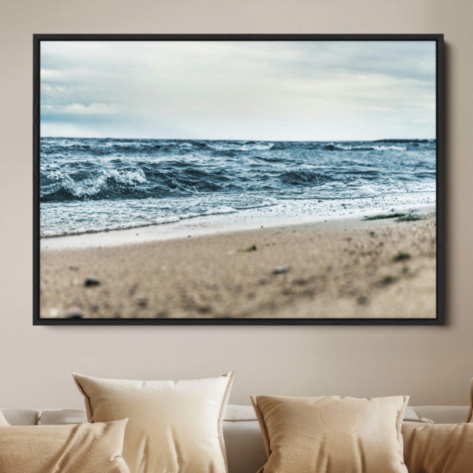 81812590-MGV-FC-36X24-Ocean Wall Art Canvas Print – Moody Coastal Seascape Scene Framed Beach Waves Nature Artwork for Home Office