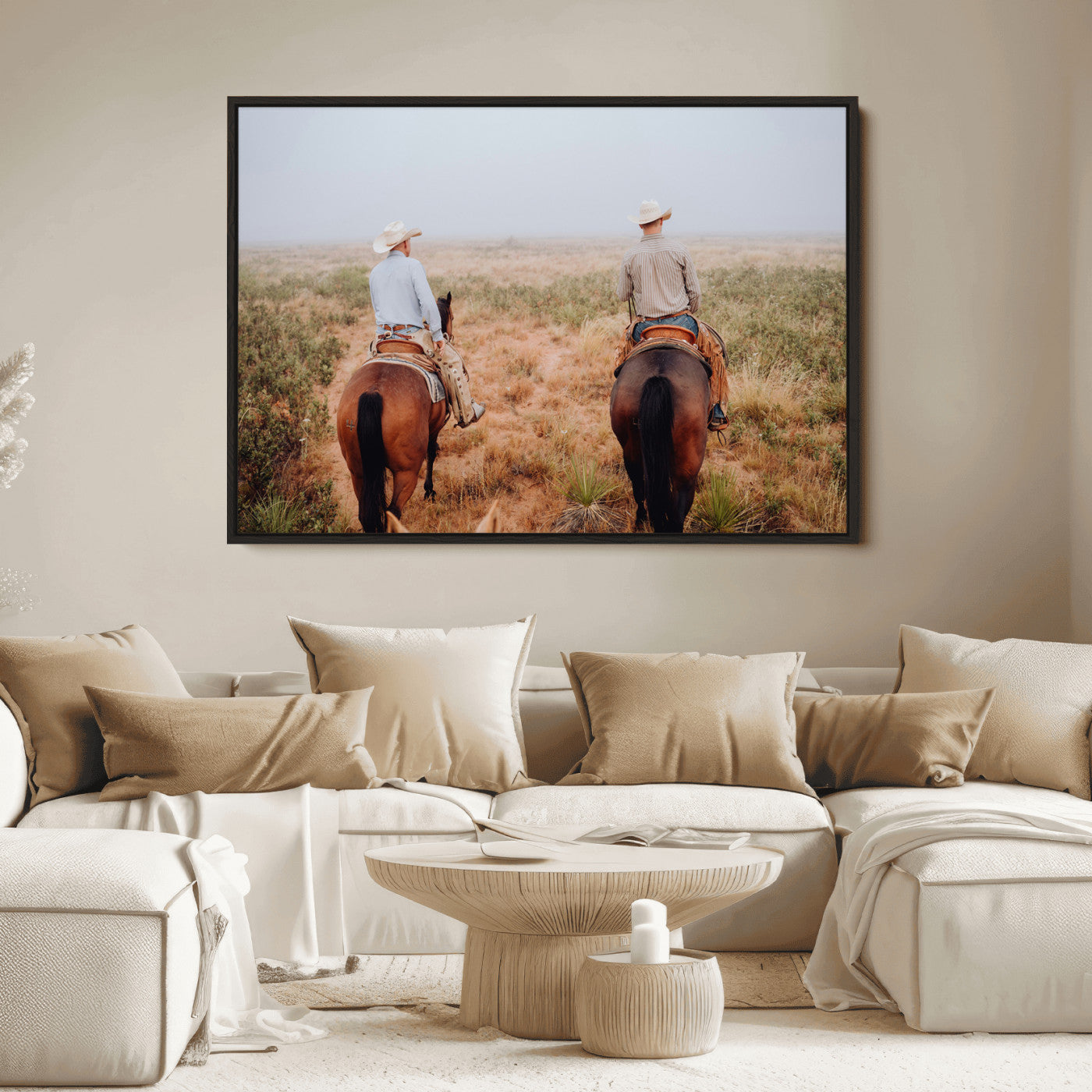 Two cowboys riding horseback through a misty prairie, capturing the rustic and adventurous spirit of the Western frontier.