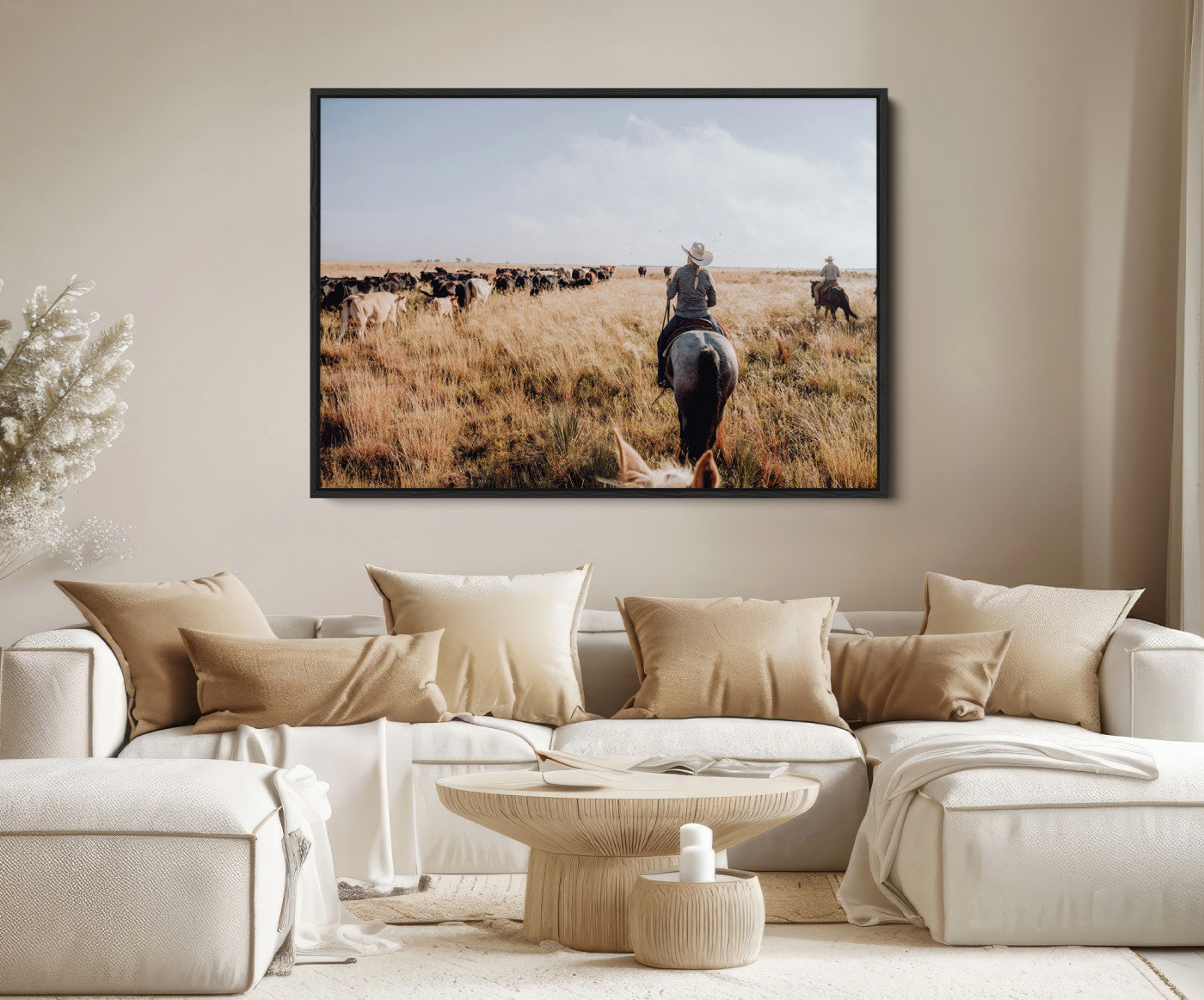 22431577-MGV-FC-36X24-Western Wall Art Canvas Print – Framed Cowboy Cattle Drive Scene Rustic Ranch Landscape Artwork for Home Office