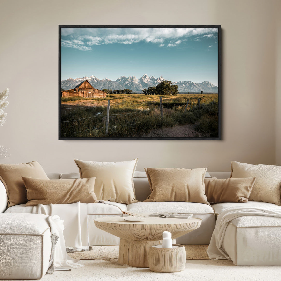 92497443-MGV-FC-36X24-Rustic Farmhouse Wall Art Canvas Print – Framed Mountain Cabin Western Landscape Scene Artwork for Home Office