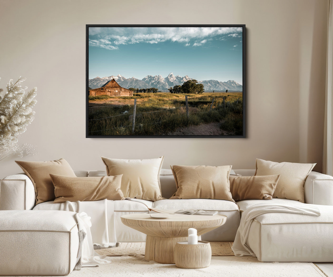 92497443-MGV-FC-36X24-Rustic Farmhouse Wall Art Canvas Print – Framed Mountain Cabin Western Landscape Scene Artwork for Home Office