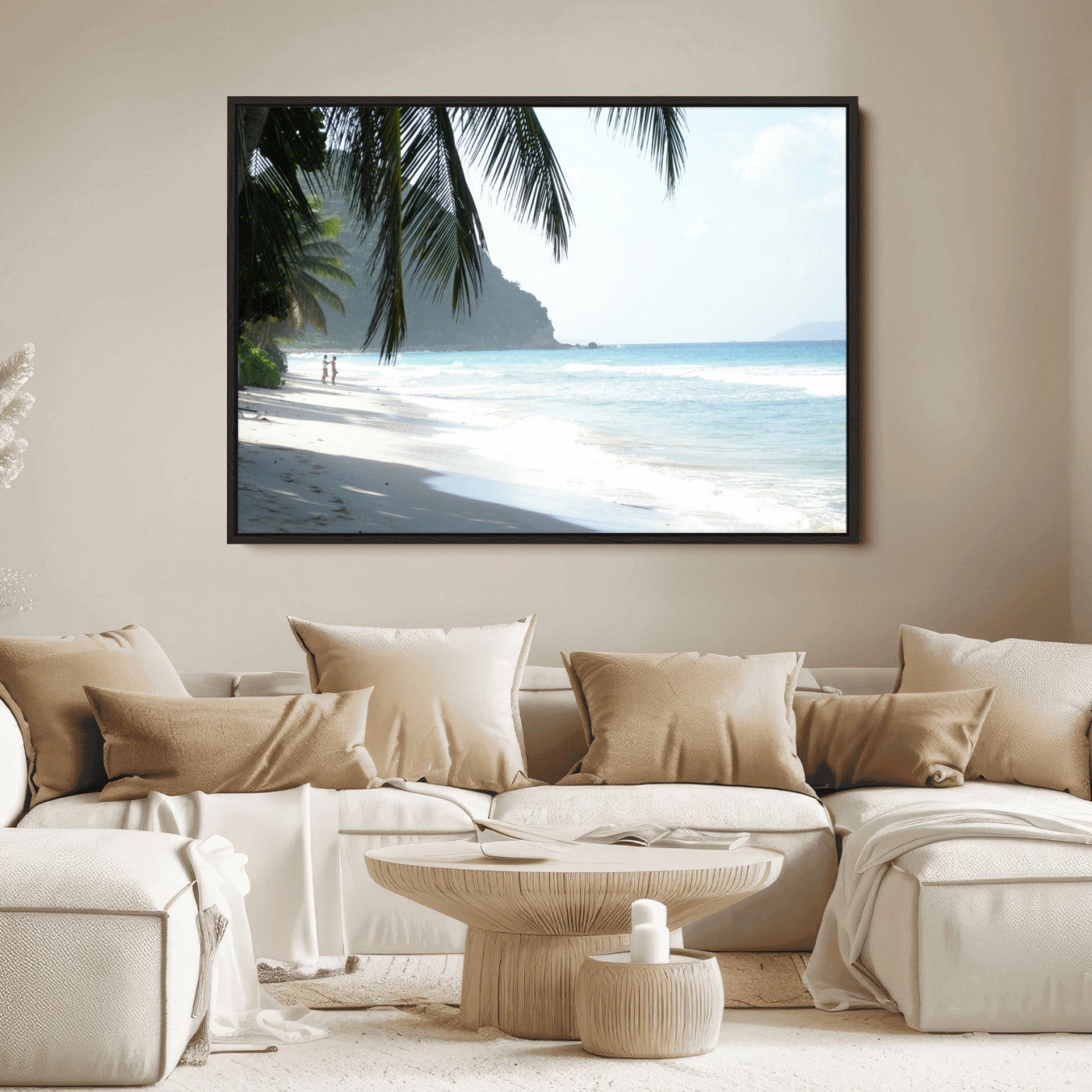 Tropical beach with palm tree shadows, white sand, and turquoise ocean waves, creating a serene and relaxing island escape atmosphere.