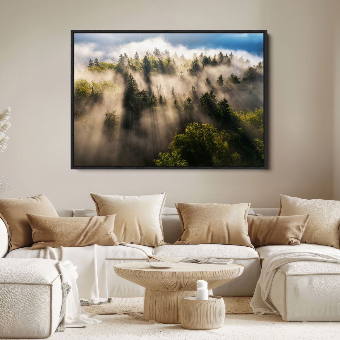 14785710-MGV-FC-36X24-Tranquil Forest Scene Wall Art Canvas Print – Framed Moody Sunbeam Through Trees Nature Artwork for Home Office