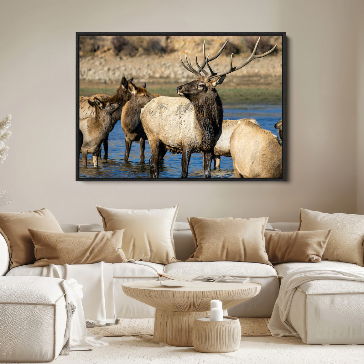 21531692-MGV-FC-36X24-Wild Elk Wall Art Canvas Print – Framed Neutral Wildlife Rustic Forest Scene Photography Artwork for Home Office