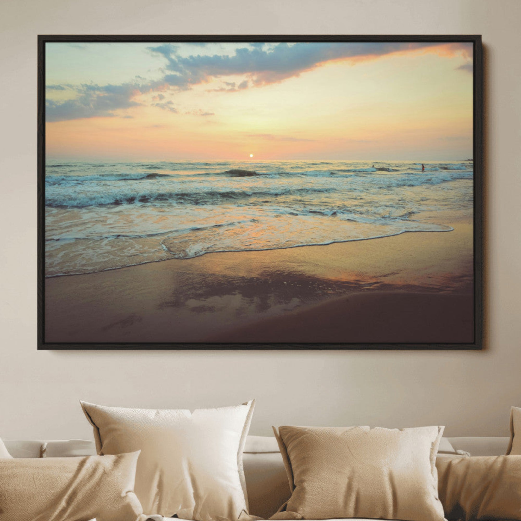 15261505-MGV-FC-36X24_Black-Sunset Seascape Wall Art Canvas Print – Framed Pastel Ocean View with Tranquil Waves Scene Artwork for Home, Office