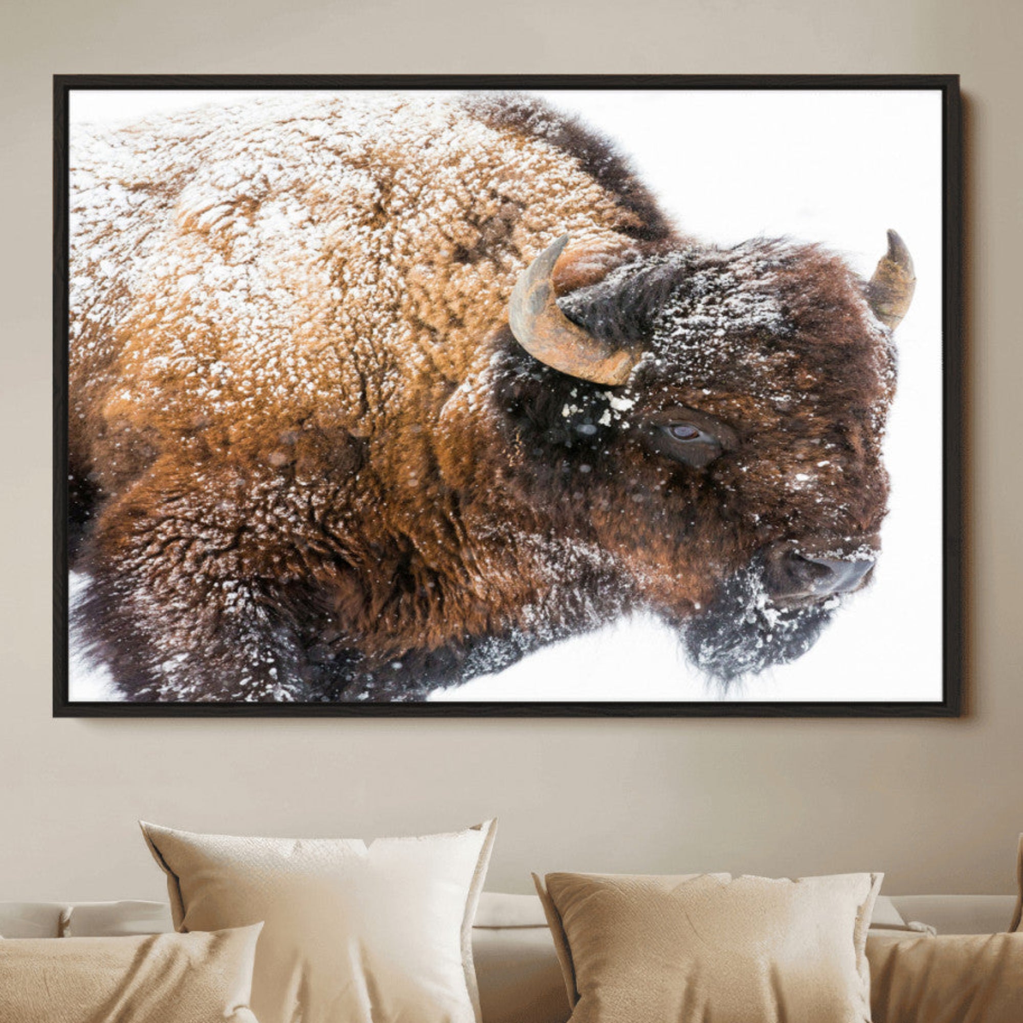 Close-up photograph of a bison covered in snow, highlighting its thick fur and powerful presence, set against a white winter backdrop, ideal for rustic decor.
