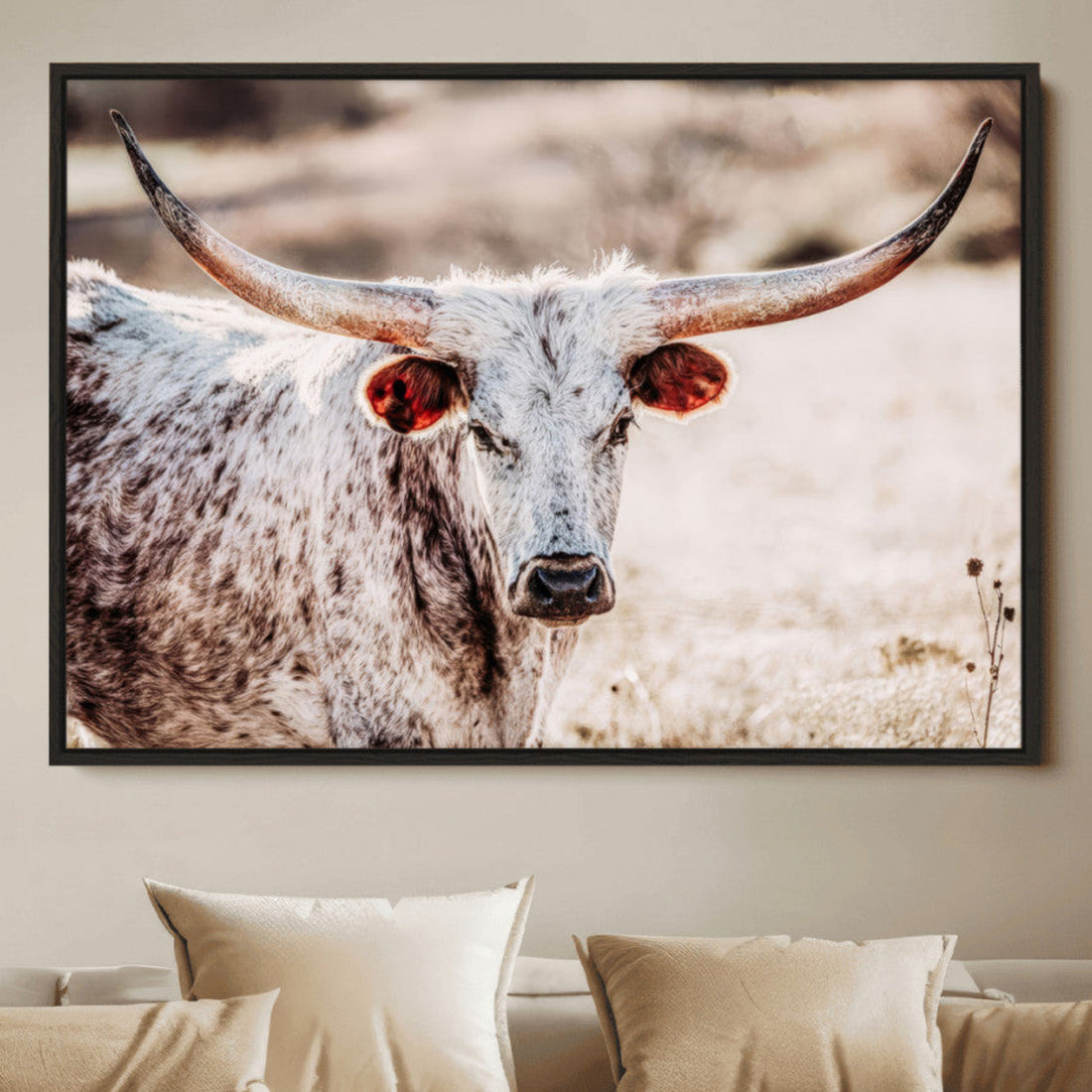 Majestic Texas Longhorn Bull Wall Art Canvas Print, Rustic Farmhouse Animal Portrait