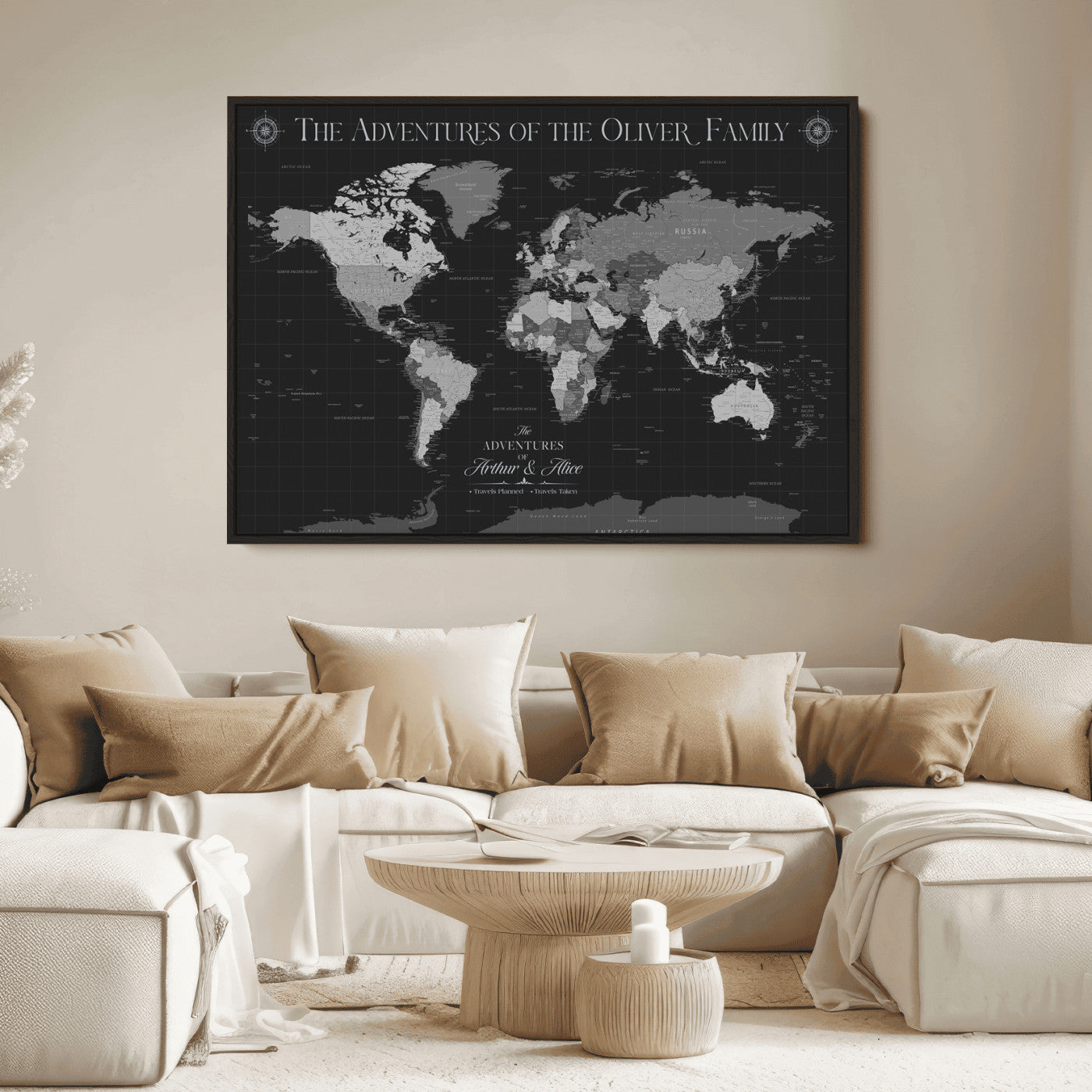-Personalized Family World Map Canvas – Custom Framed Push Pin Travel Tracker, Modern Adventure Wall Art for Home, Office