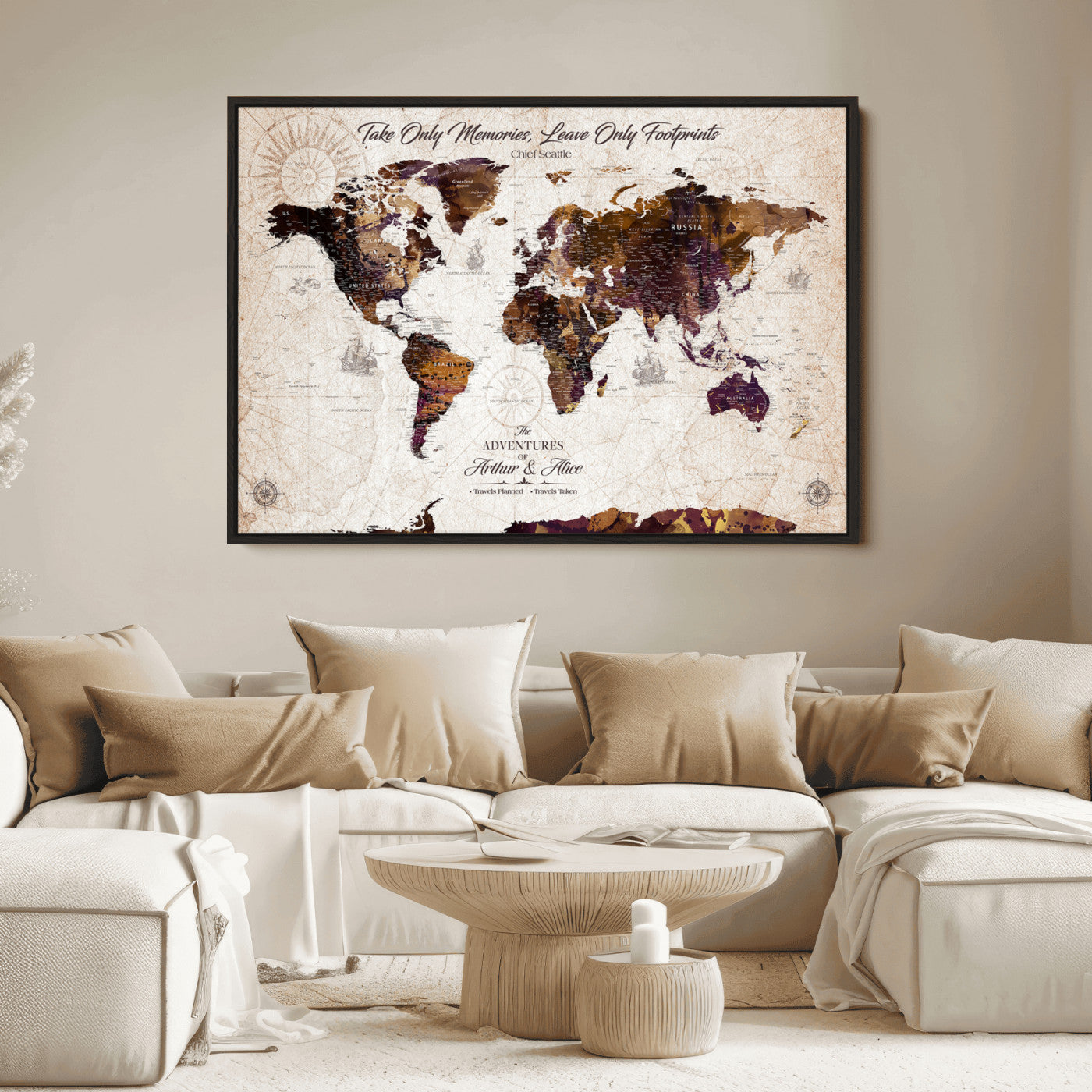 -Personalized World Map Canvas – Custom Framed Push Pin Travel Tracker, Elegant Wall Art Gift for Couples for Home, Office