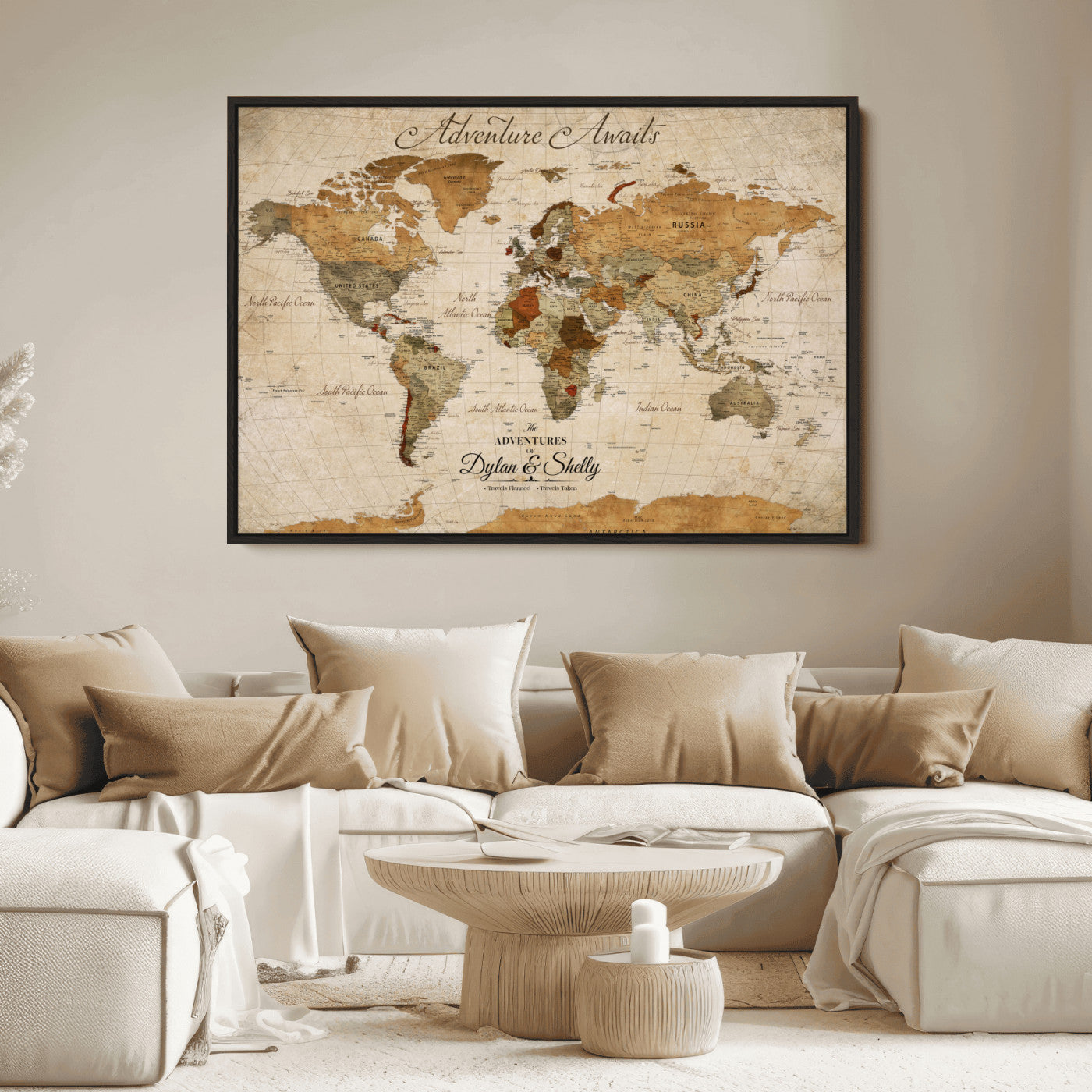 -Personalized Push Pin World Map Canvas Print – Custom Adventure Travel Map, Framed Wall Art Gift for Couples or Family