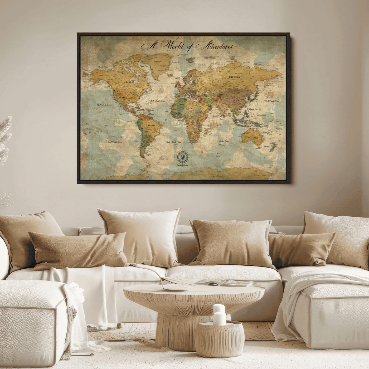 Rehber01-MGV-CV-36X24-Personalized World Map Canvas – Custom Framed Push Pin Travel Map Wall Art, Vintage Style Gift for Couples or Families